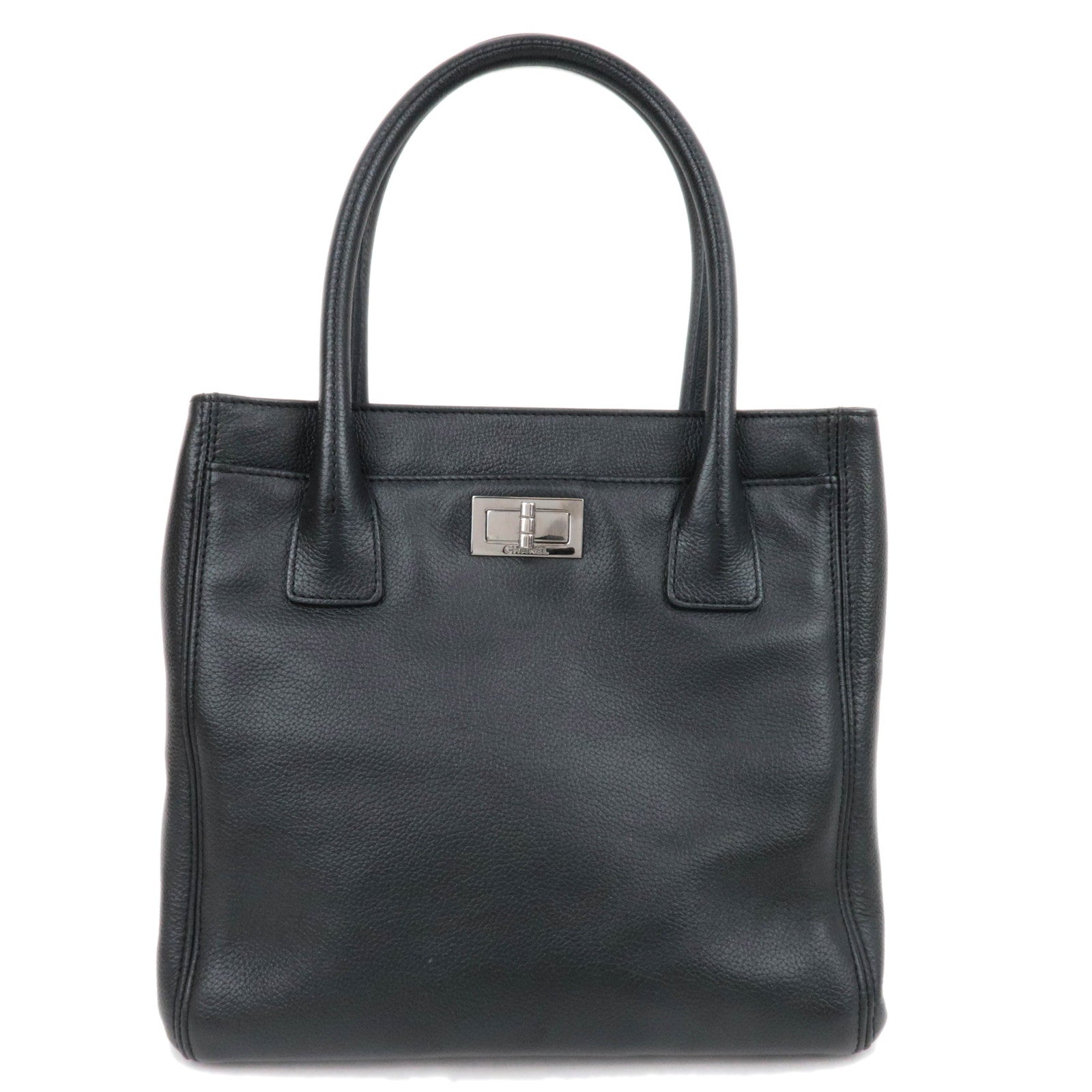 CHANEL 2.55 Leather Tote Bag Black Silver HDW89259