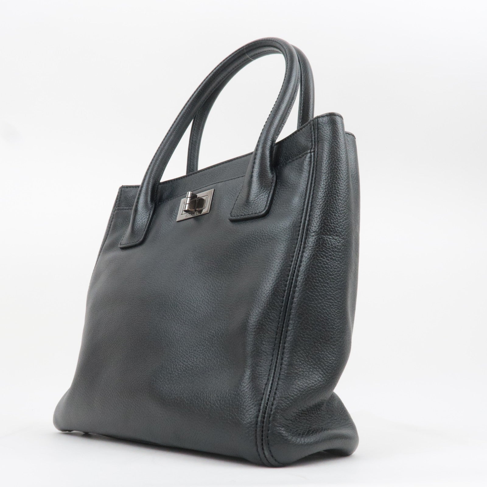 CHANEL 2.55 Leather Tote Bag Black Silver HDW