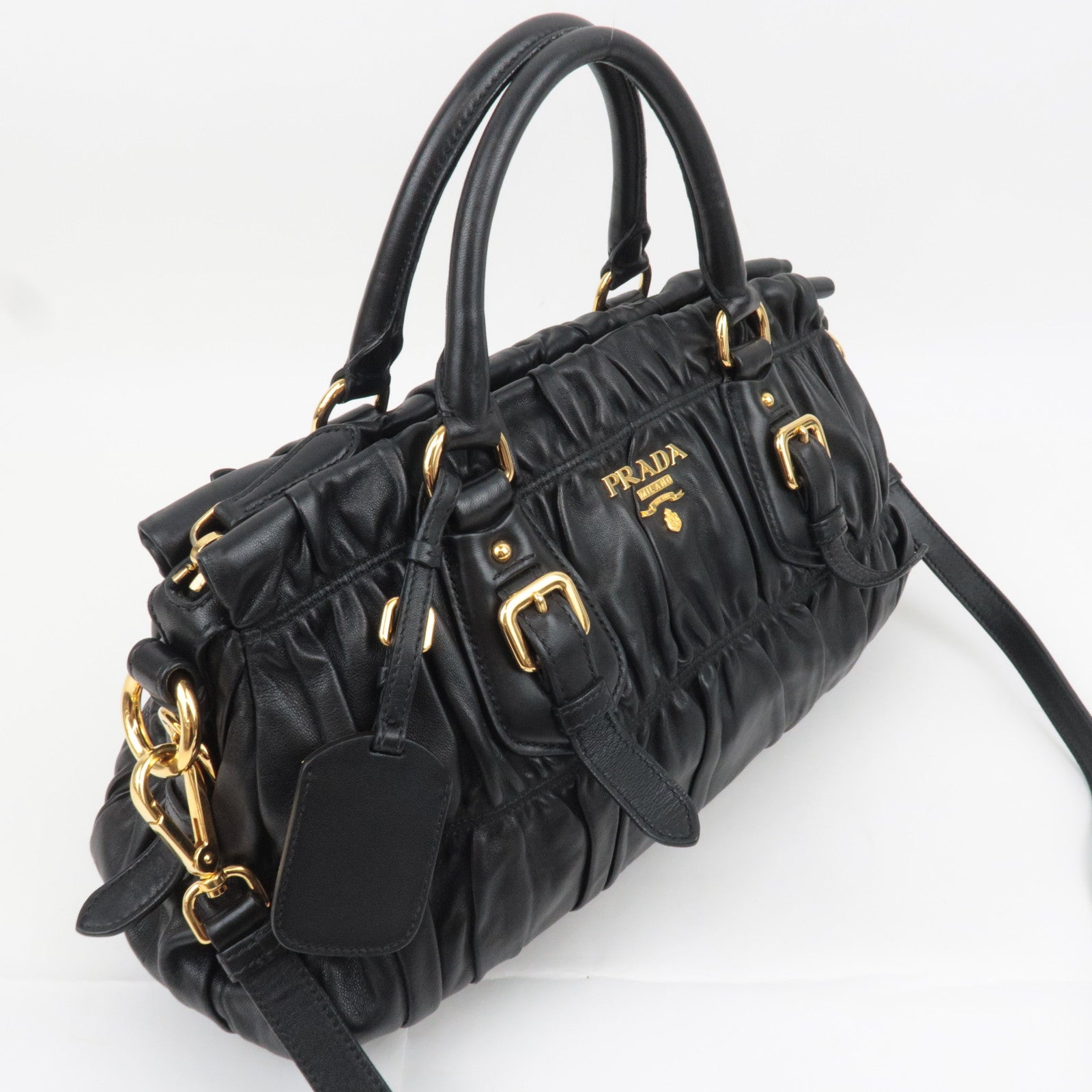 PRADA Gathered Nappa Leather 2Way Handbag Black BN1407