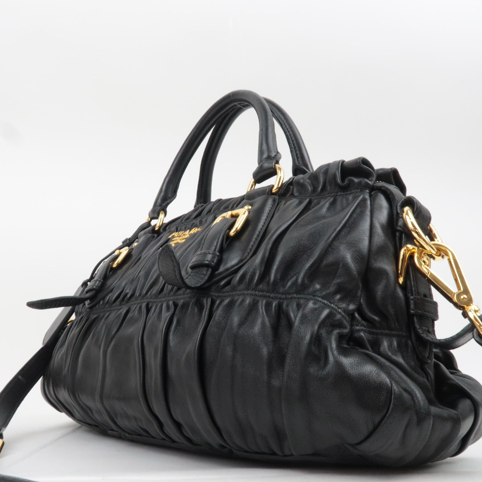 PRADA Gathered Nappa Leather 2Way Handbag Black BN1407