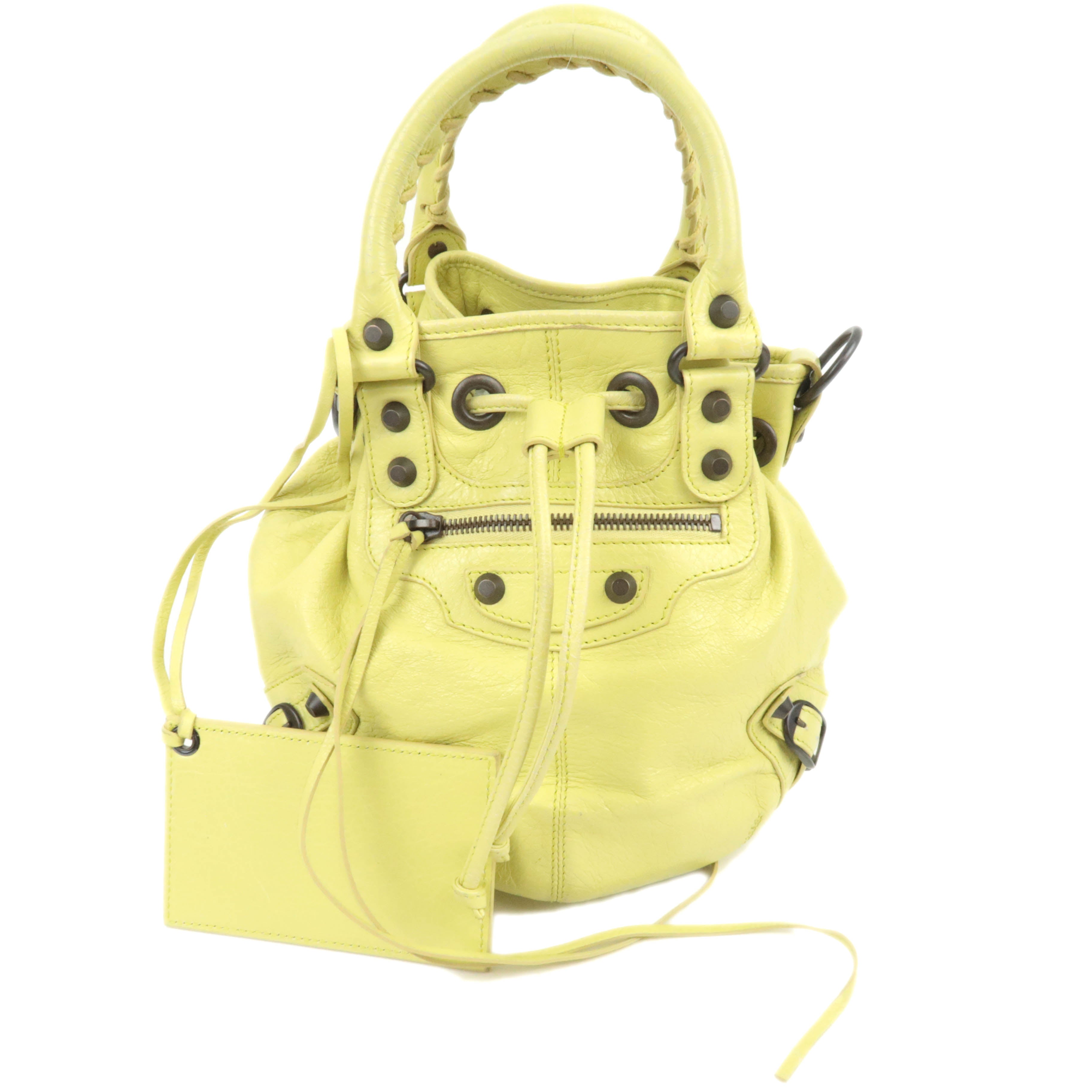 BALENCIAGA Classic Mini Pom Pom Handbag Leather Lime Yellow 24643889263
