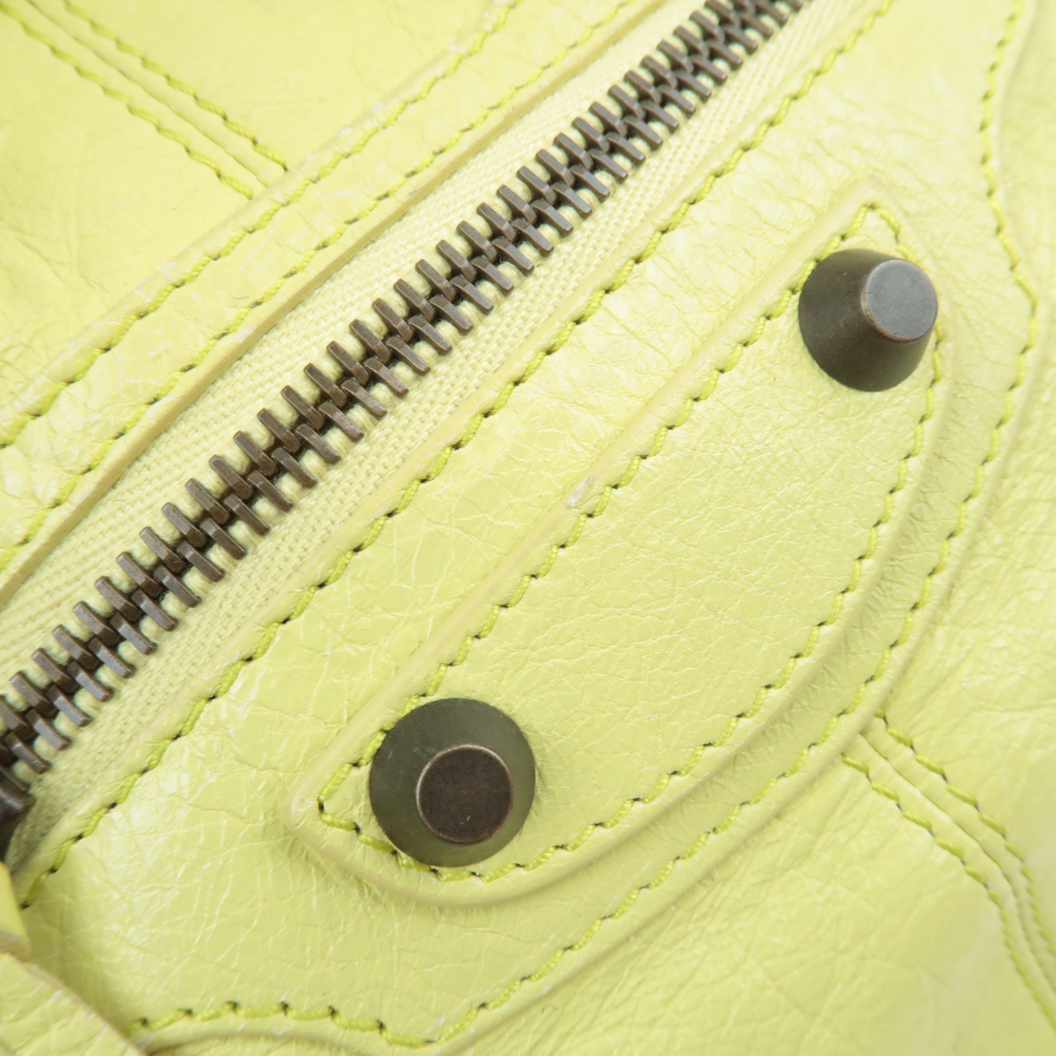 BALENCIAGA Classic Mini Pom Pom Handbag Leather Lime Yellow 246438
