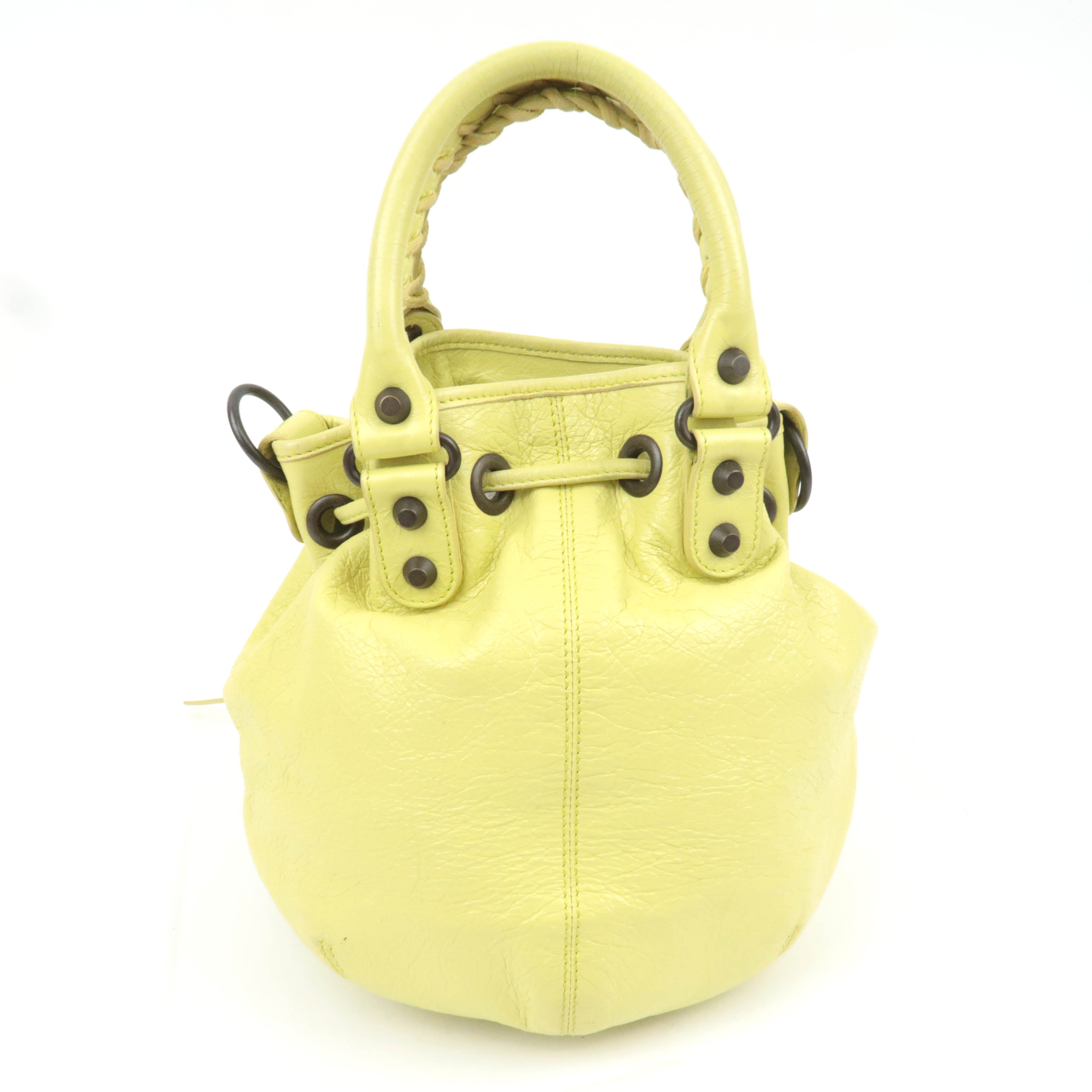 BALENCIAGA Classic Mini Pom Pom Handbag Leather Lime Yellow 246438