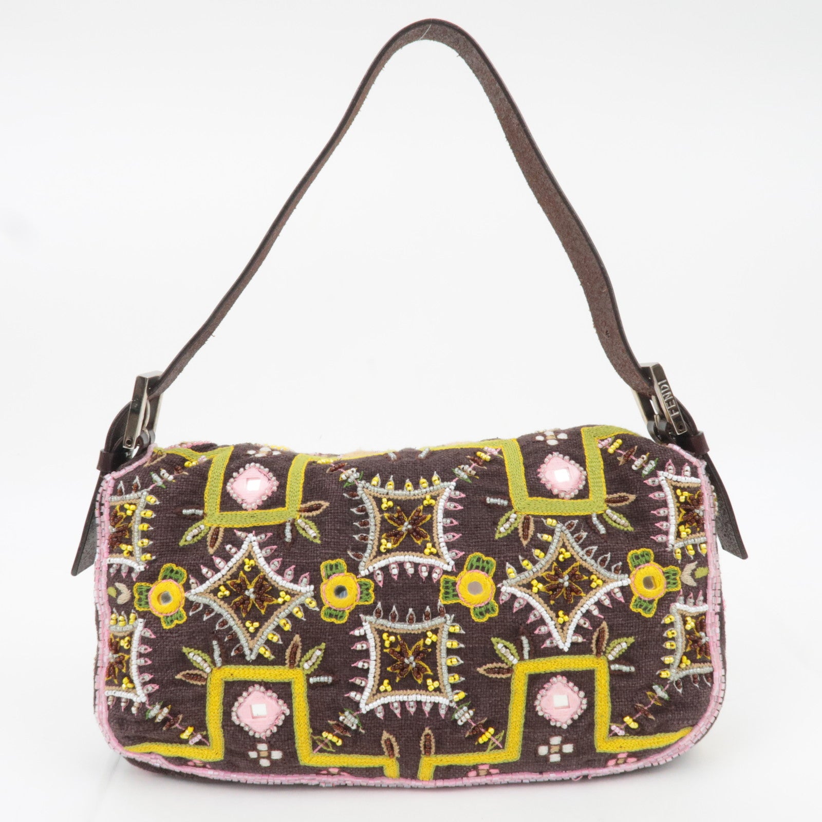 FENDI Beaded Mamma Baguette Shoulder Bag Brown Green Pink 26424