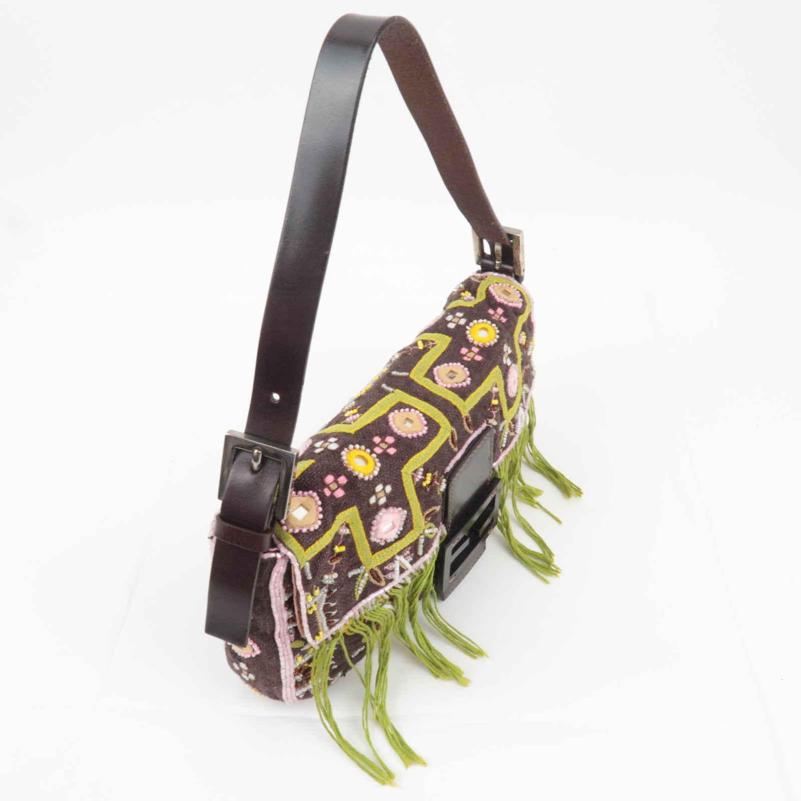 FENDI Beaded Mamma Baguette Shoulder Bag Brown Green Pink 26424