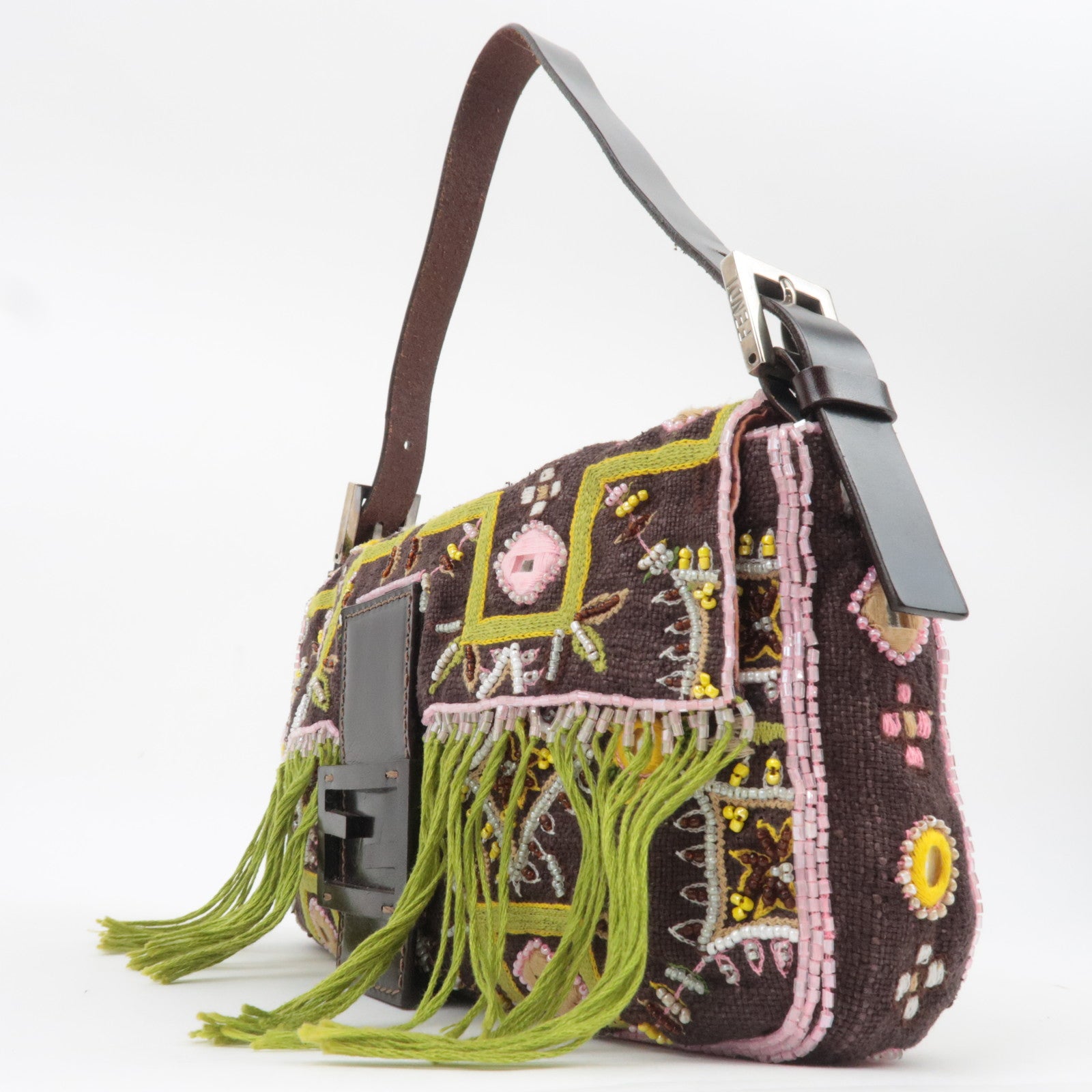 FENDI Beaded Mamma Baguette Shoulder Bag Brown Green Pink 26424