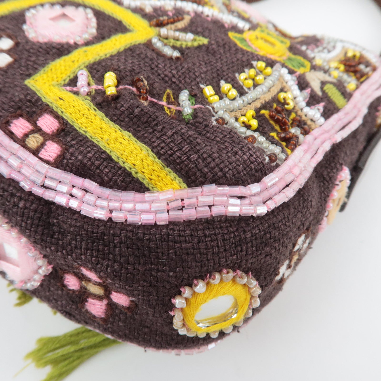 FENDI Beaded Mamma Baguette Shoulder Bag Brown Green Pink 26424