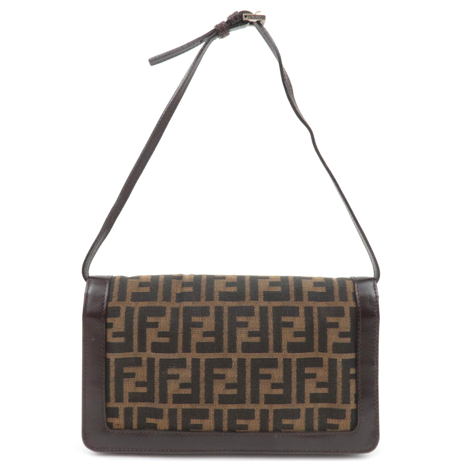 FENDI Zucca Canvas Leather Shoulder Bag Brown Black 16381