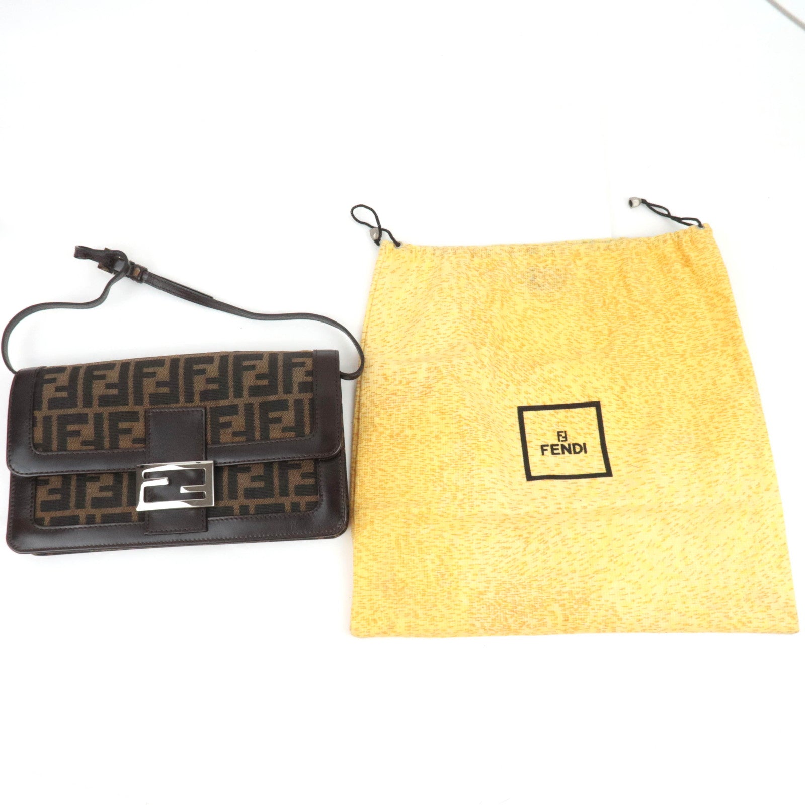 FENDI Zucca Canvas Leather Shoulder Bag Brown Black 16381