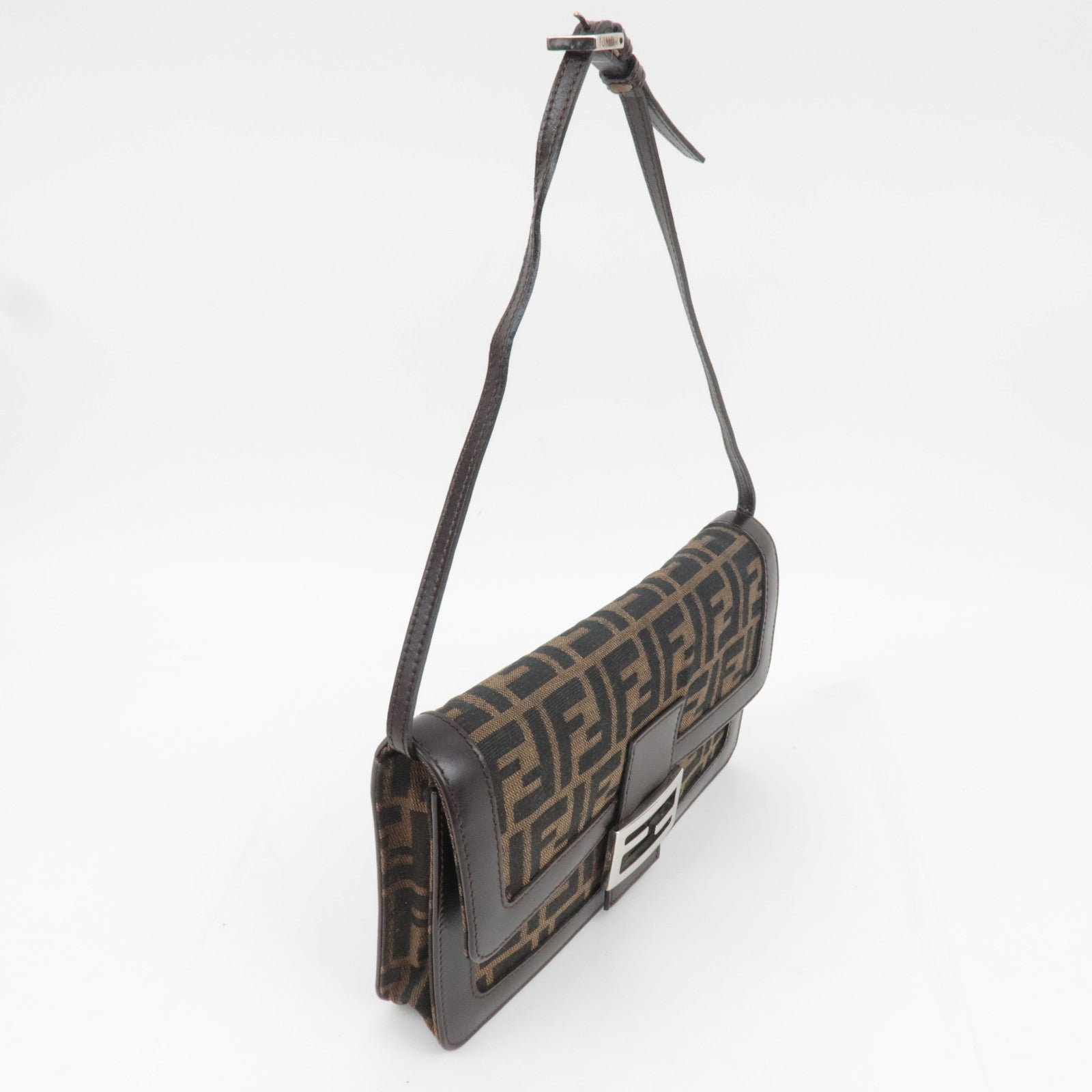 FENDI Zucca Canvas Leather Shoulder Bag Brown Black 16381