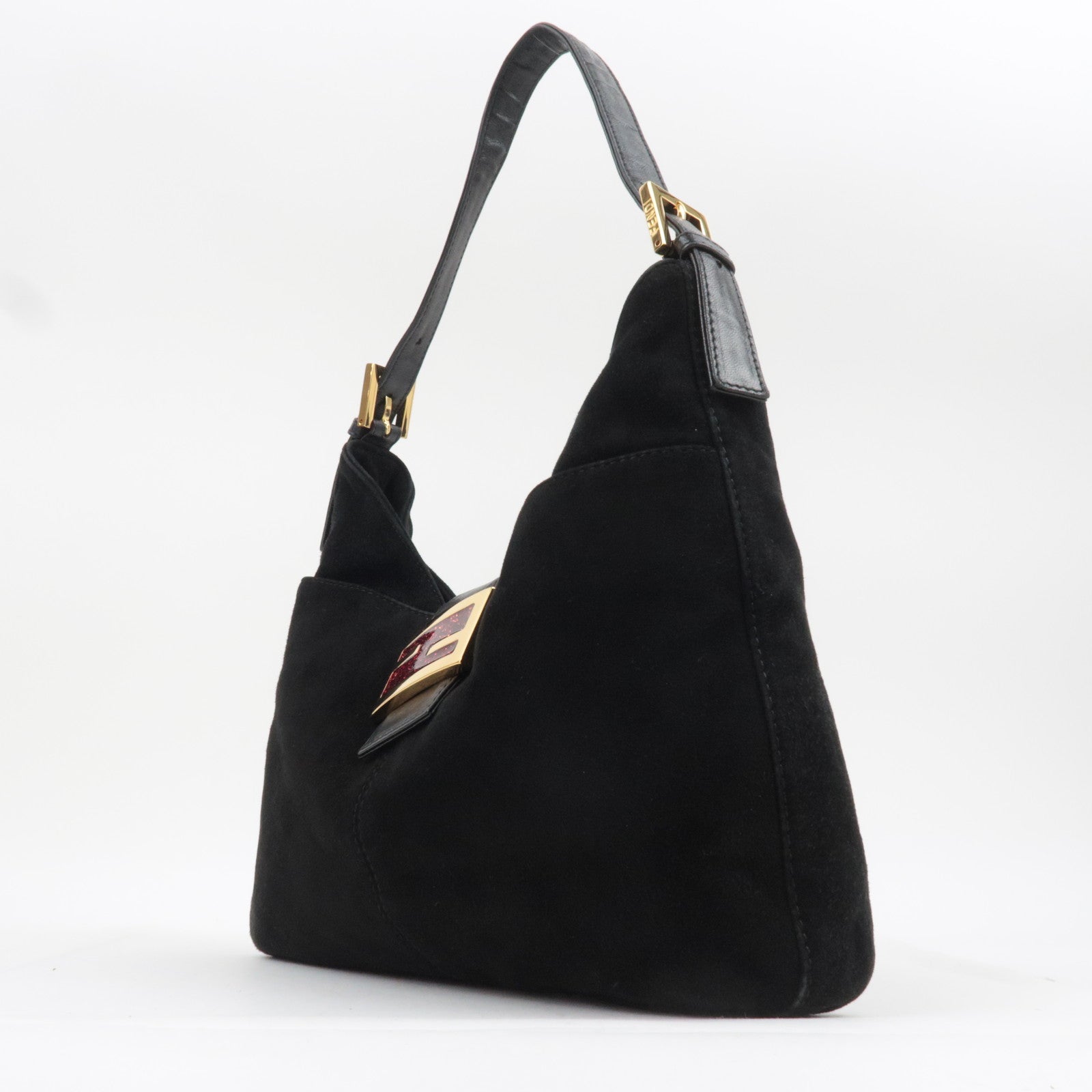 FENDI Suede Shoulder Bag Black 26569