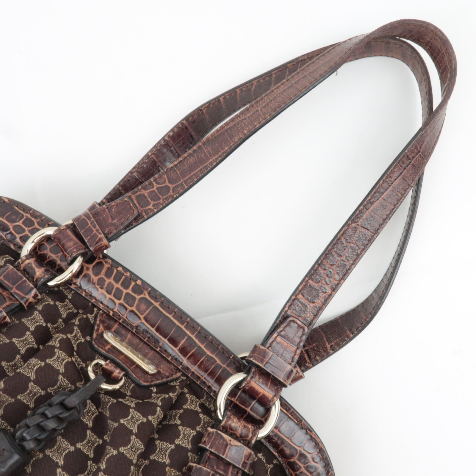 CELINE Macadam Canvas Embossed Leather Shoulder Bag Brown
