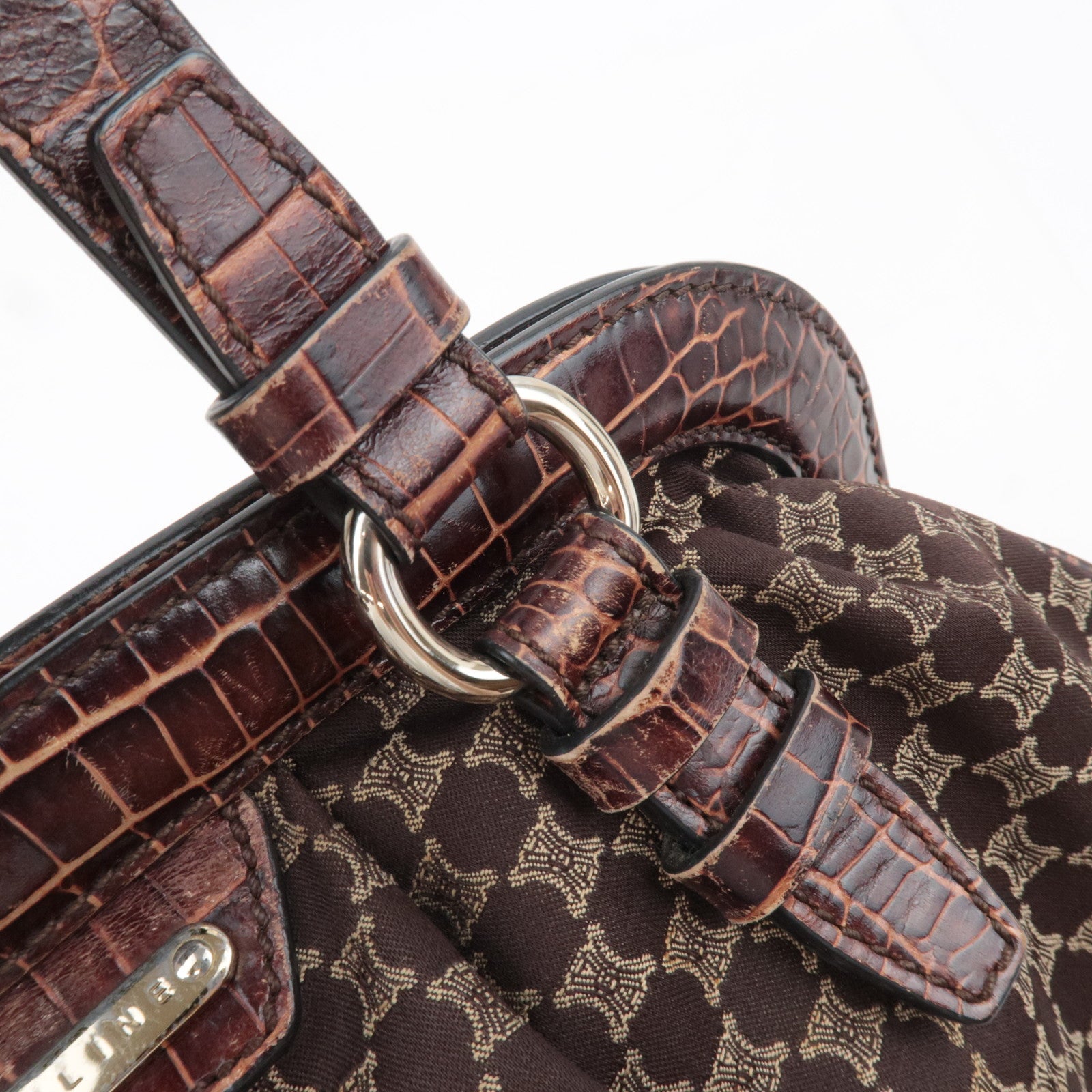 CELINE Macadam Canvas Embossed Leather Shoulder Bag Brown