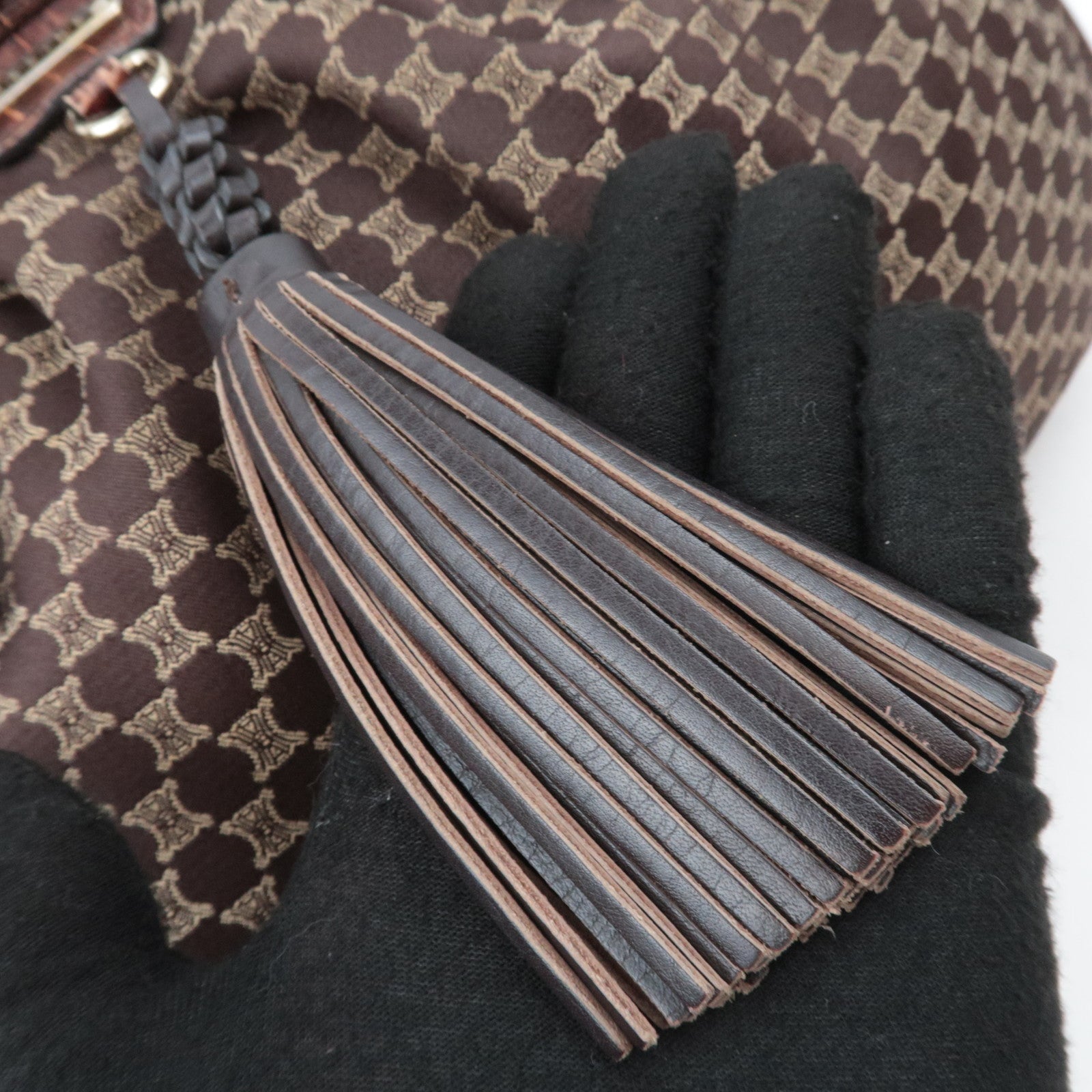 CELINE Macadam Canvas Embossed Leather Shoulder Bag Brown