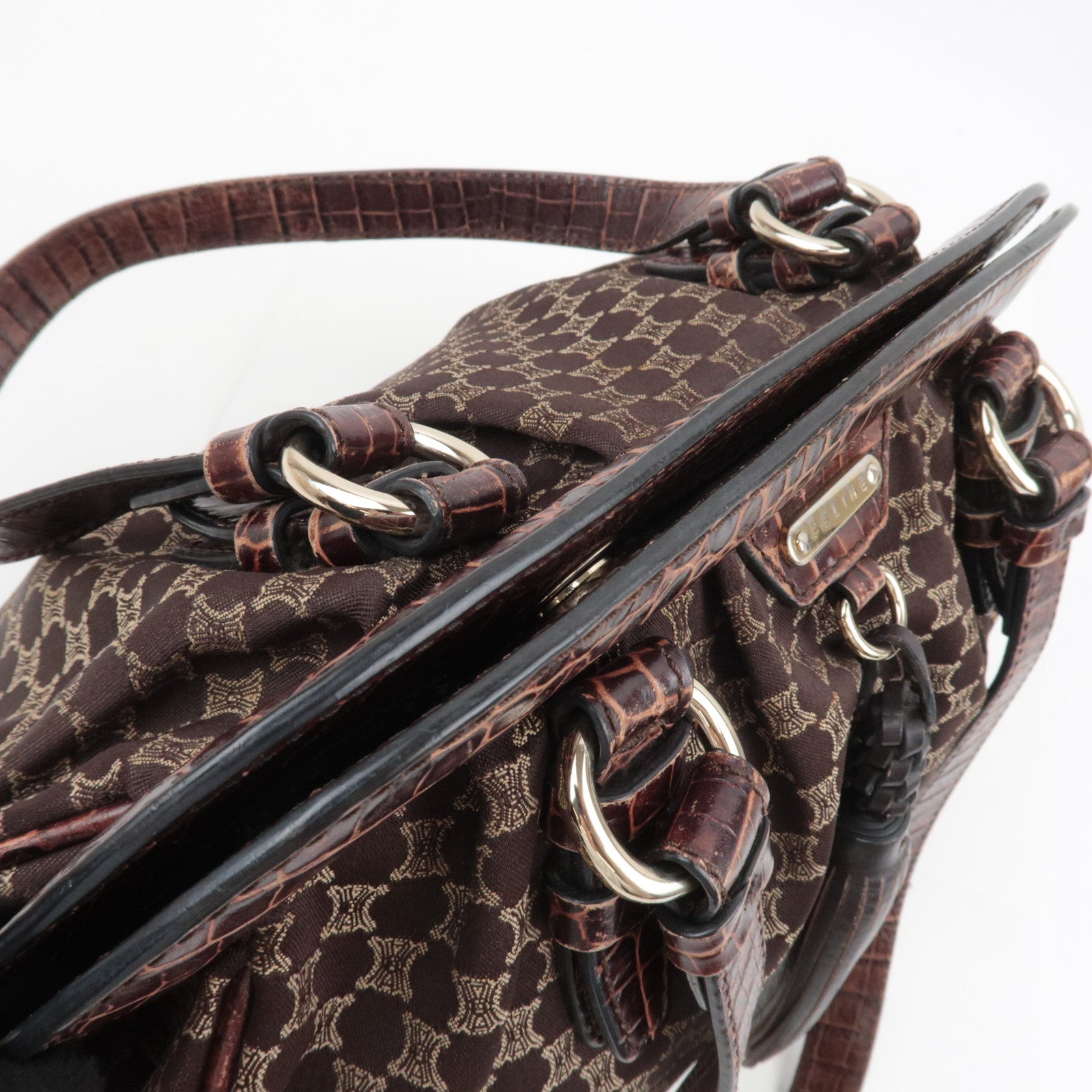 CELINE Macadam Canvas Embossed Leather Shoulder Bag Brown