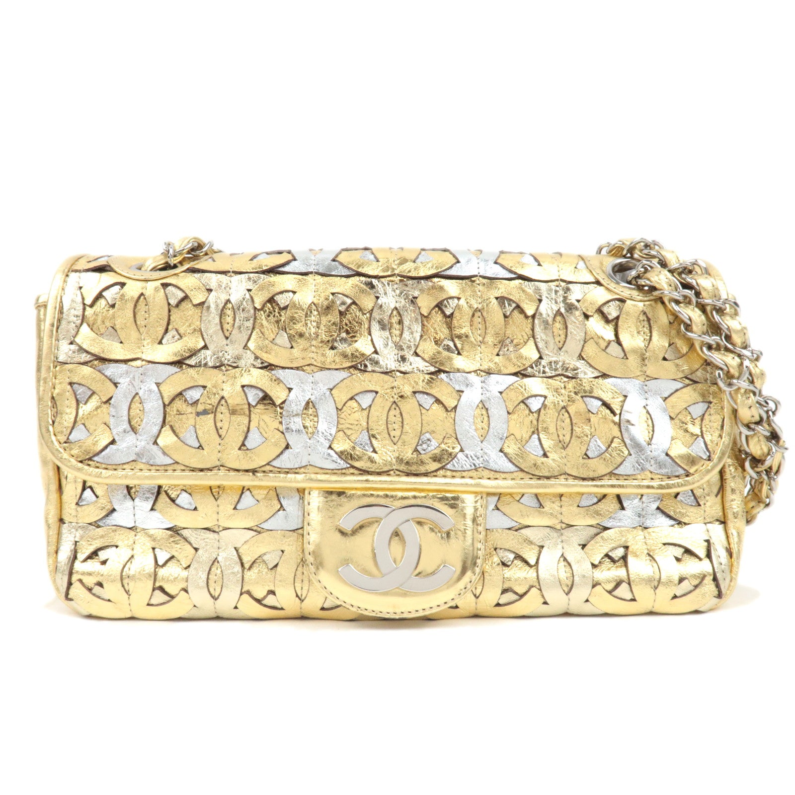 CHANEL Coco Mark Patchwork Leather Chain Shoulder Bag Gold Silver Color89393