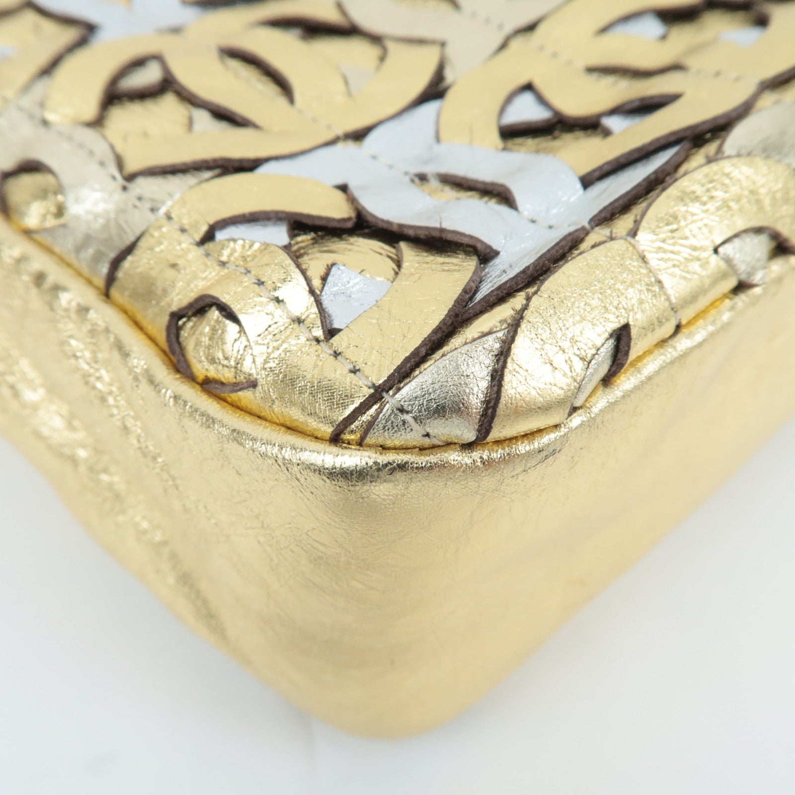 CHANEL Coco Mark Patchwork Leather Chain Shoulder Bag Gold Silver Color