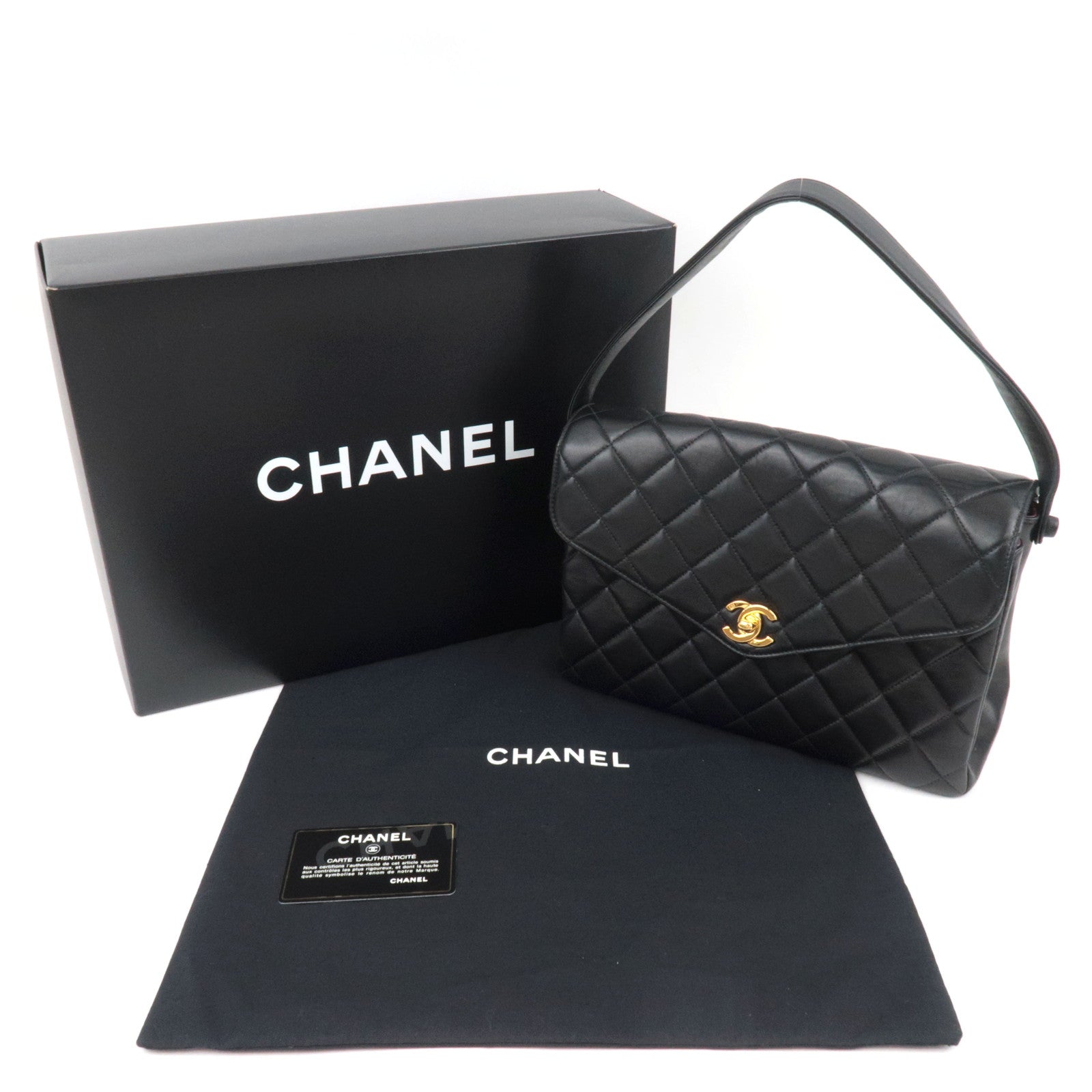 CHANEL Matelasse Lambskin Shoulder Bag Black Gold HDW