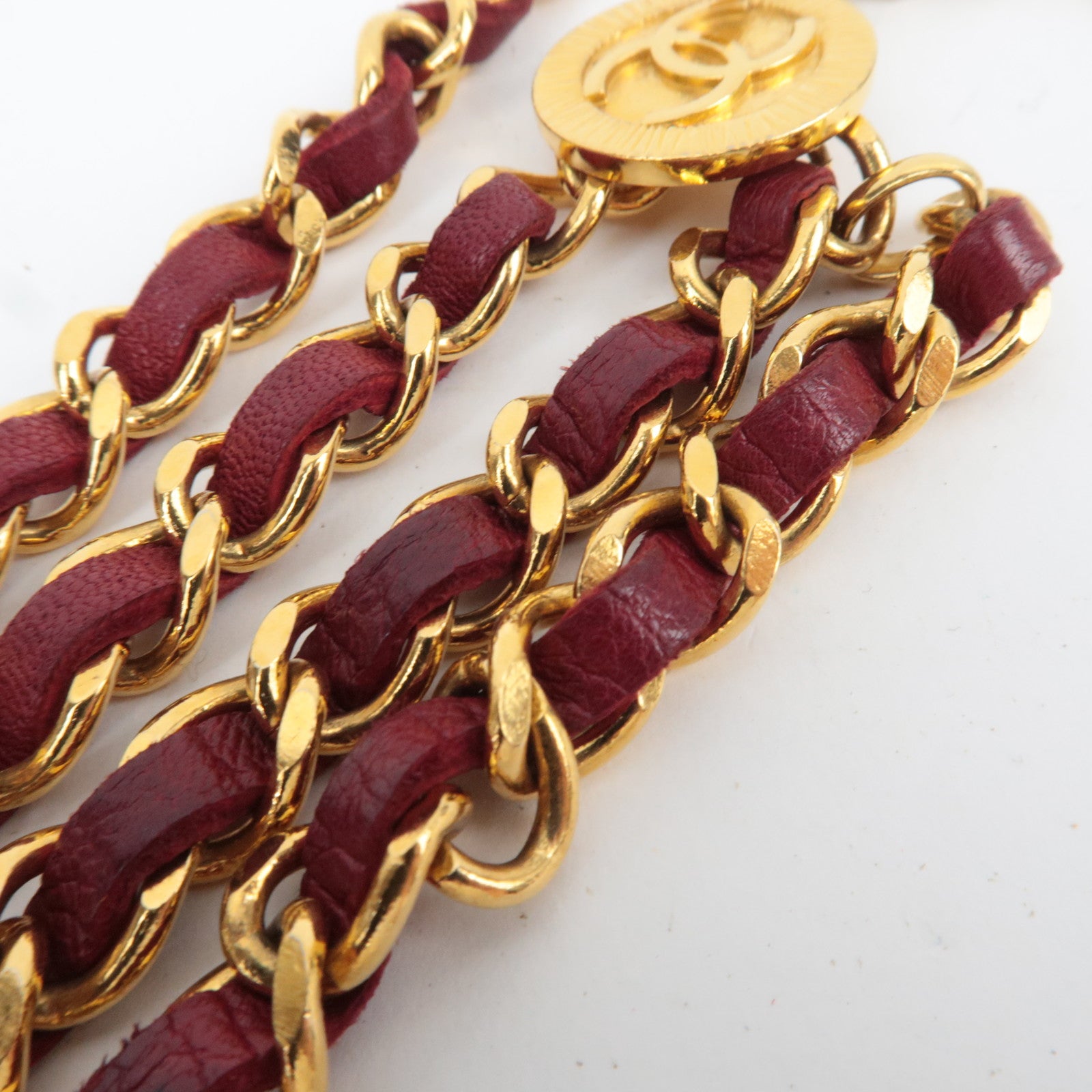 CHANEL Coco Mark 1984 Triple Chain Leather Belt Bordeaux Gold HDW Waist Around 83cm