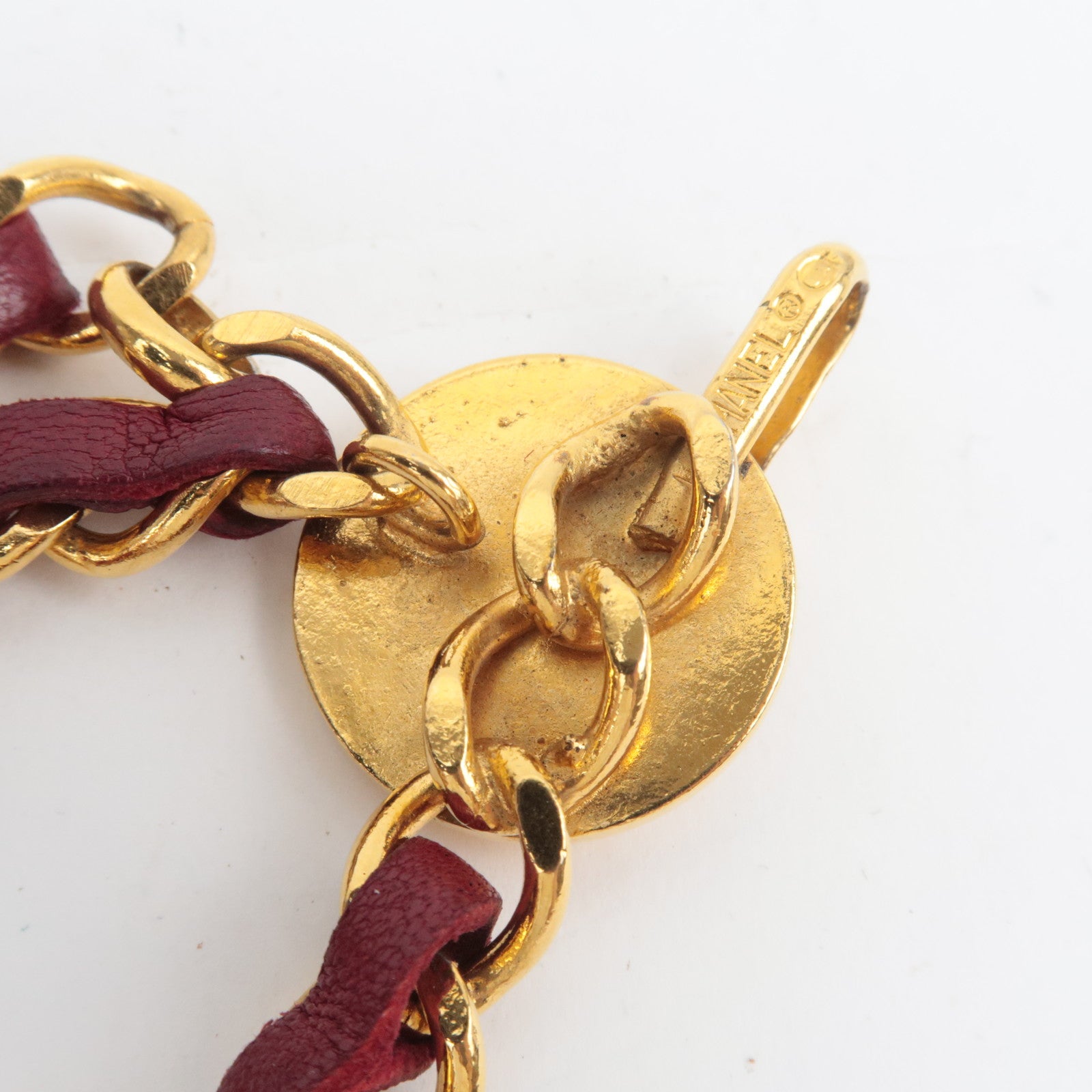 CHANEL Coco Mark 1984 Triple Chain Leather Belt Bordeaux Gold HDW Waist Around 83cm