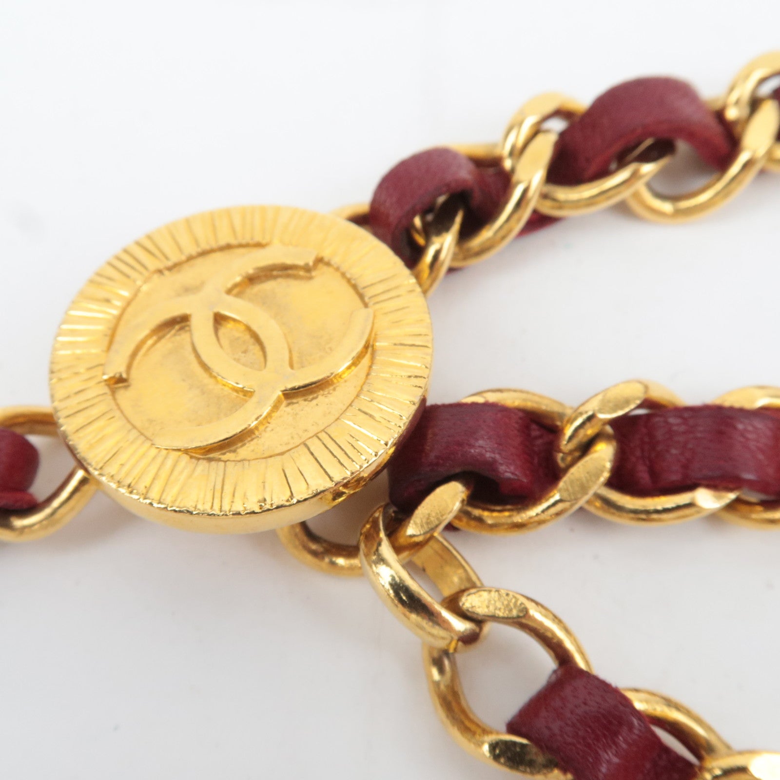 CHANEL Coco Mark 1984 Triple Chain Leather Belt Bordeaux Gold HDW Waist Around 83cm