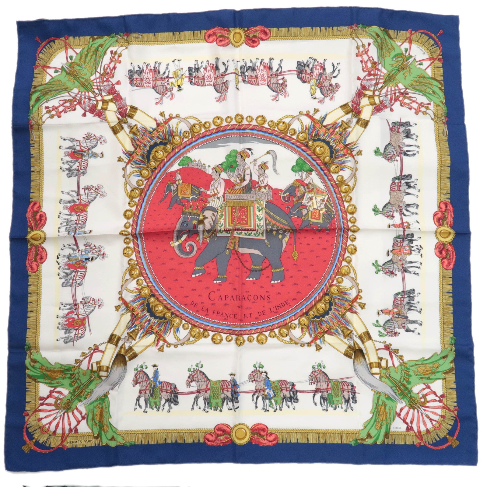 HERMES Carre 90 Scarf CAPARACONS DE LA FRANCE ET DE L'INDE 100% Silk Ivory Red Blue89454