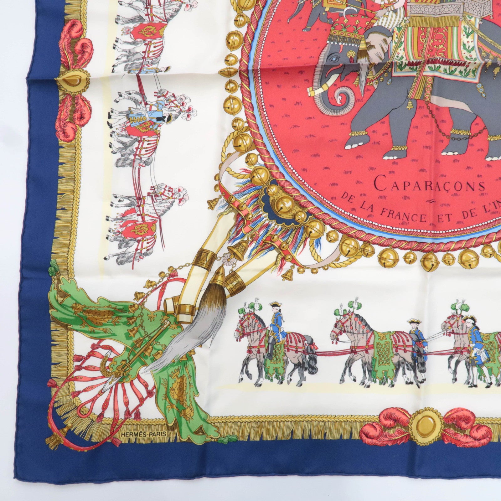 HERMES Carre 90 Scarf CAPARACONS DE LA FRANCE ET DE L'INDE 100% Silk Ivory Red Blue