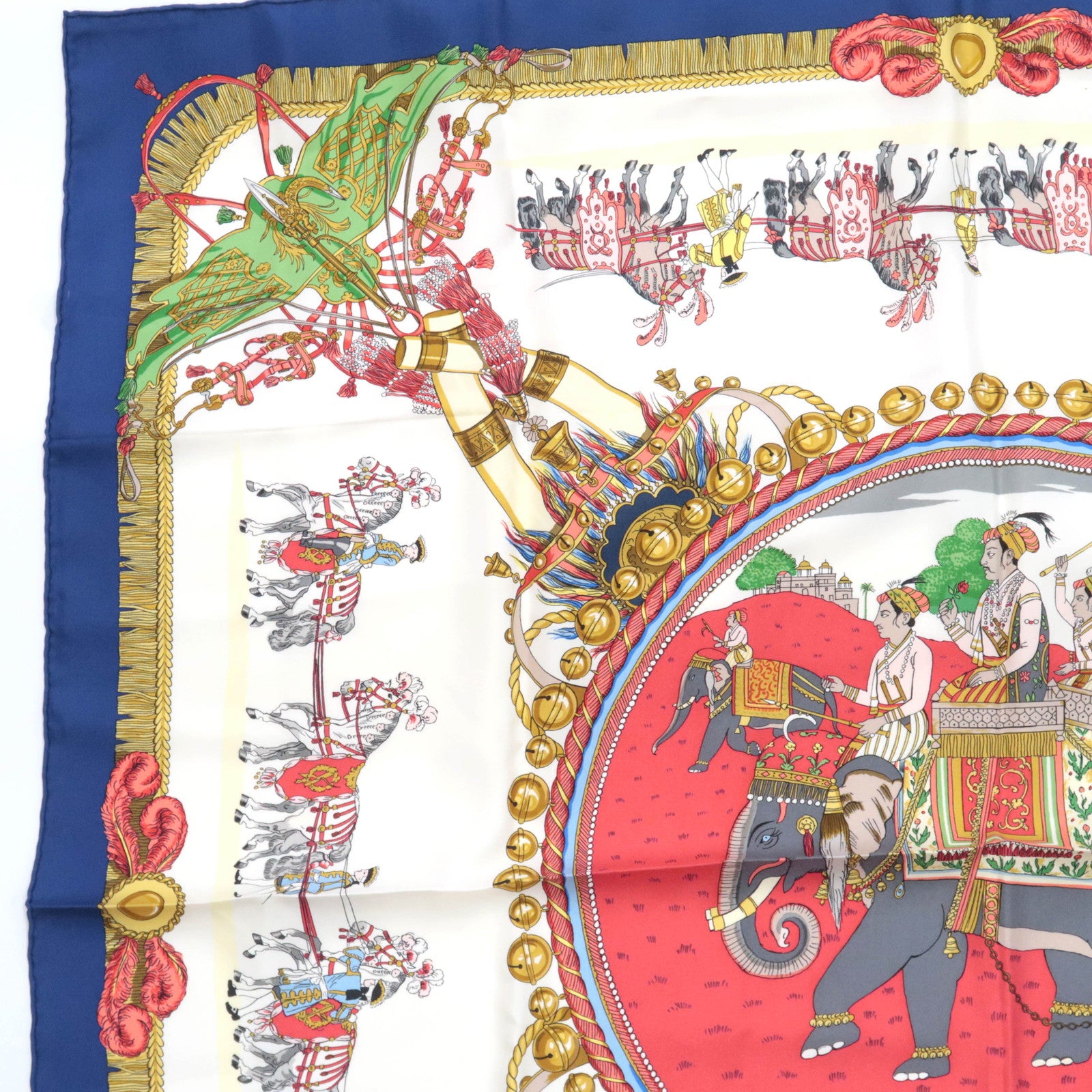 HERMES Carre 90 Scarf CAPARACONS DE LA FRANCE ET DE L'INDE 100% Silk Ivory Red Blue