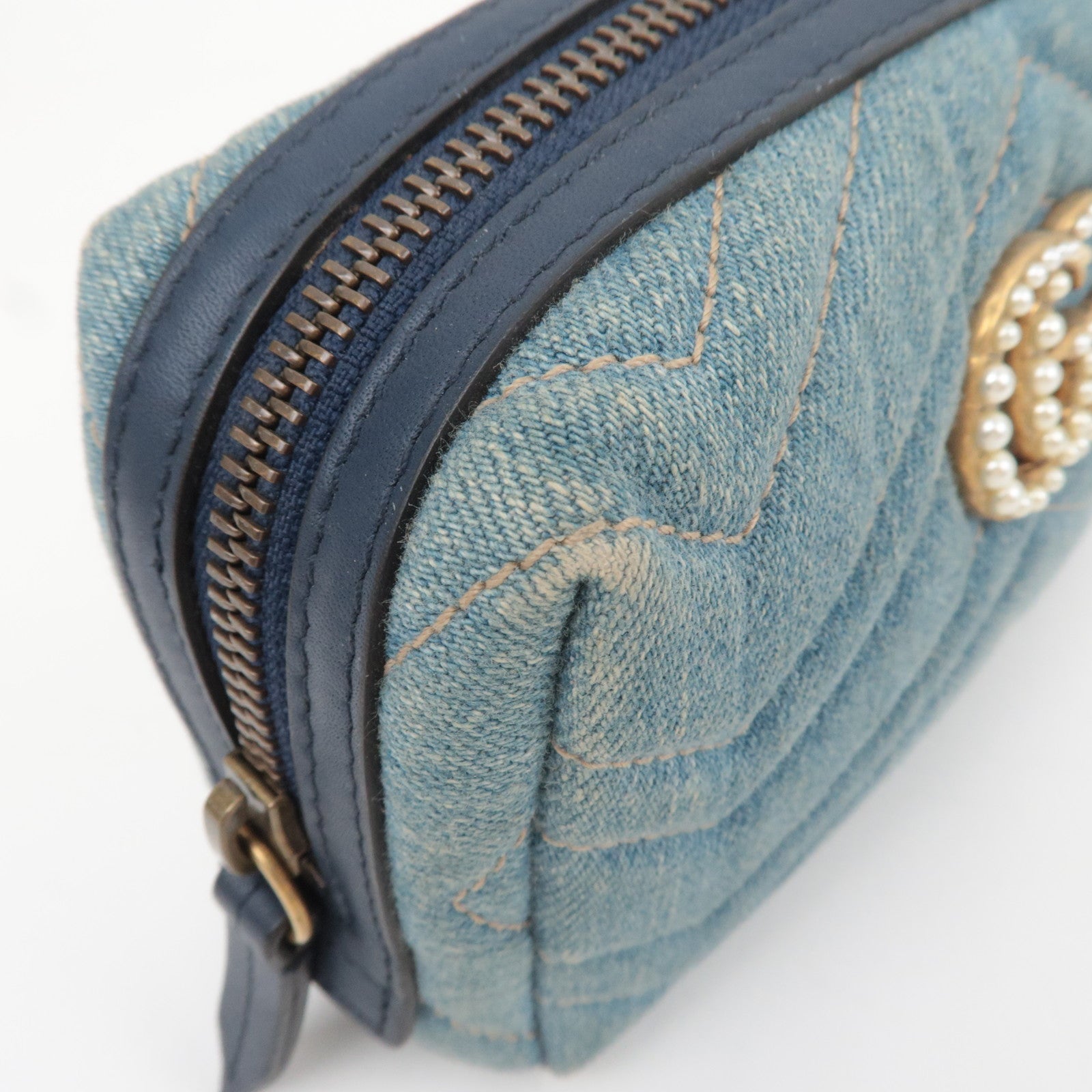 GUCCI GG Marmont Denim Pearl Cosmetic Pouch Blue 476165