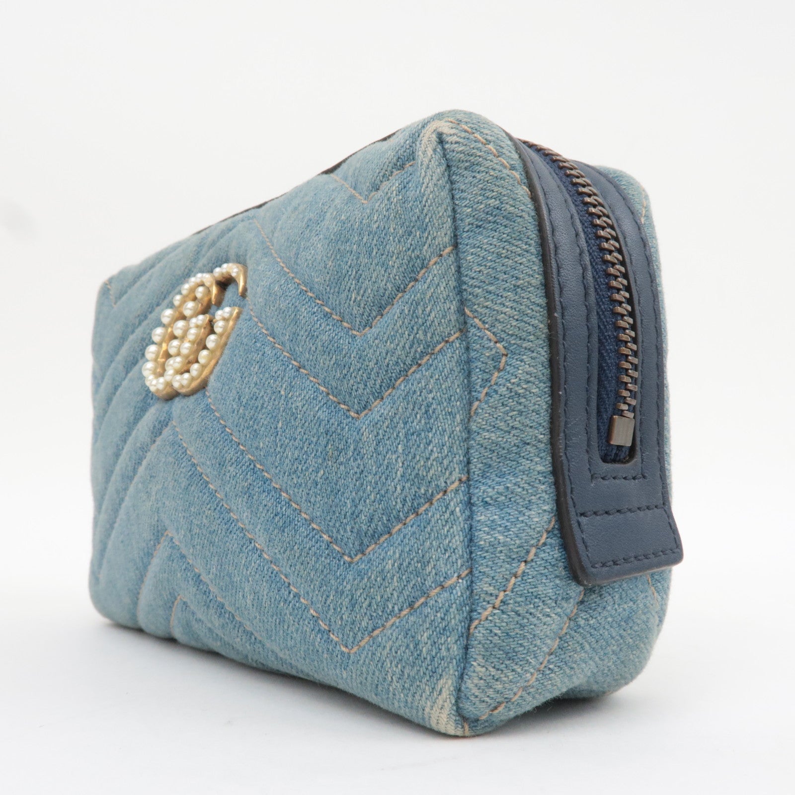 GUCCI GG Marmont Denim Pearl Cosmetic Pouch Blue 476165