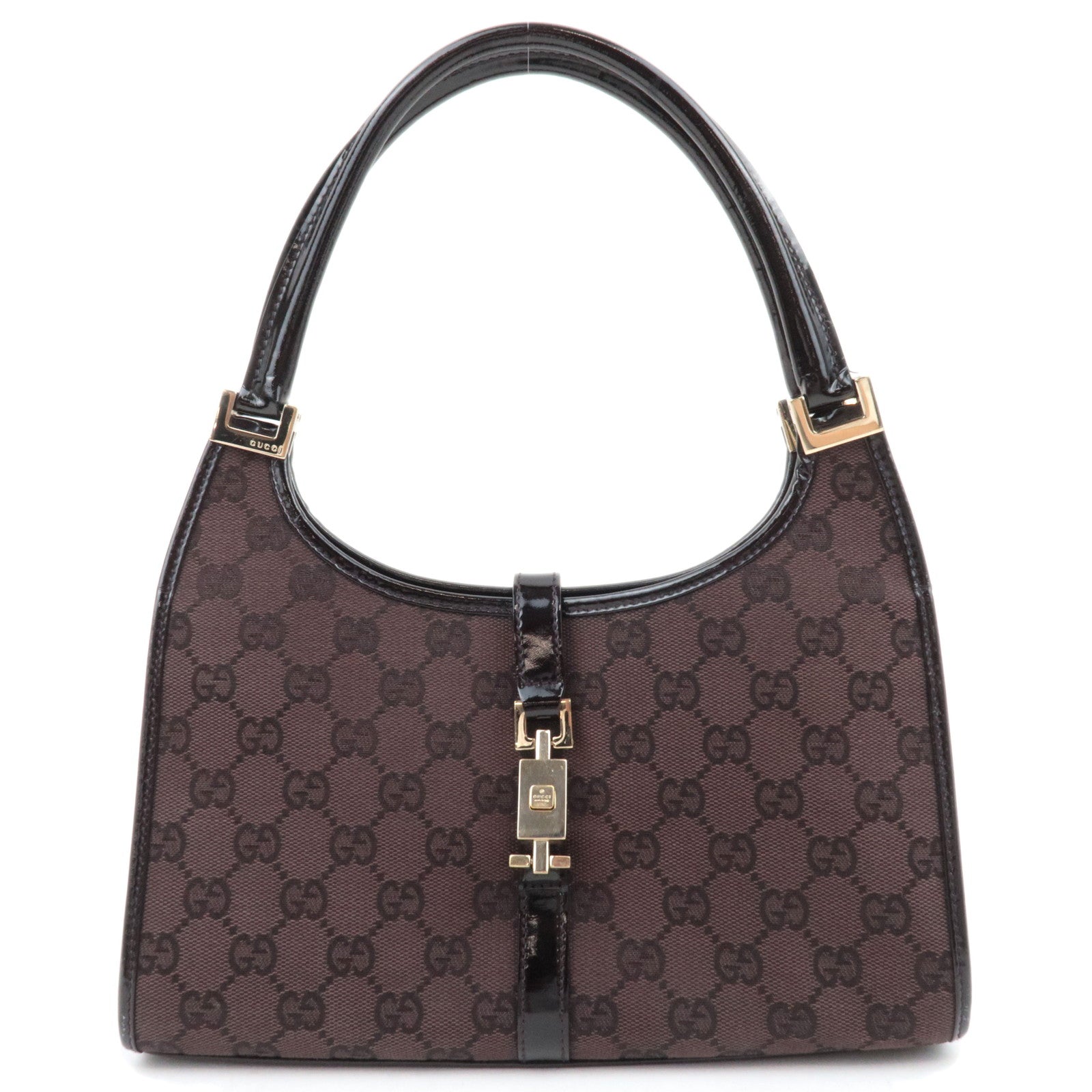 GUCCI Jackie GG Canvas Patent Shoulder Bag Brown 002.106889478