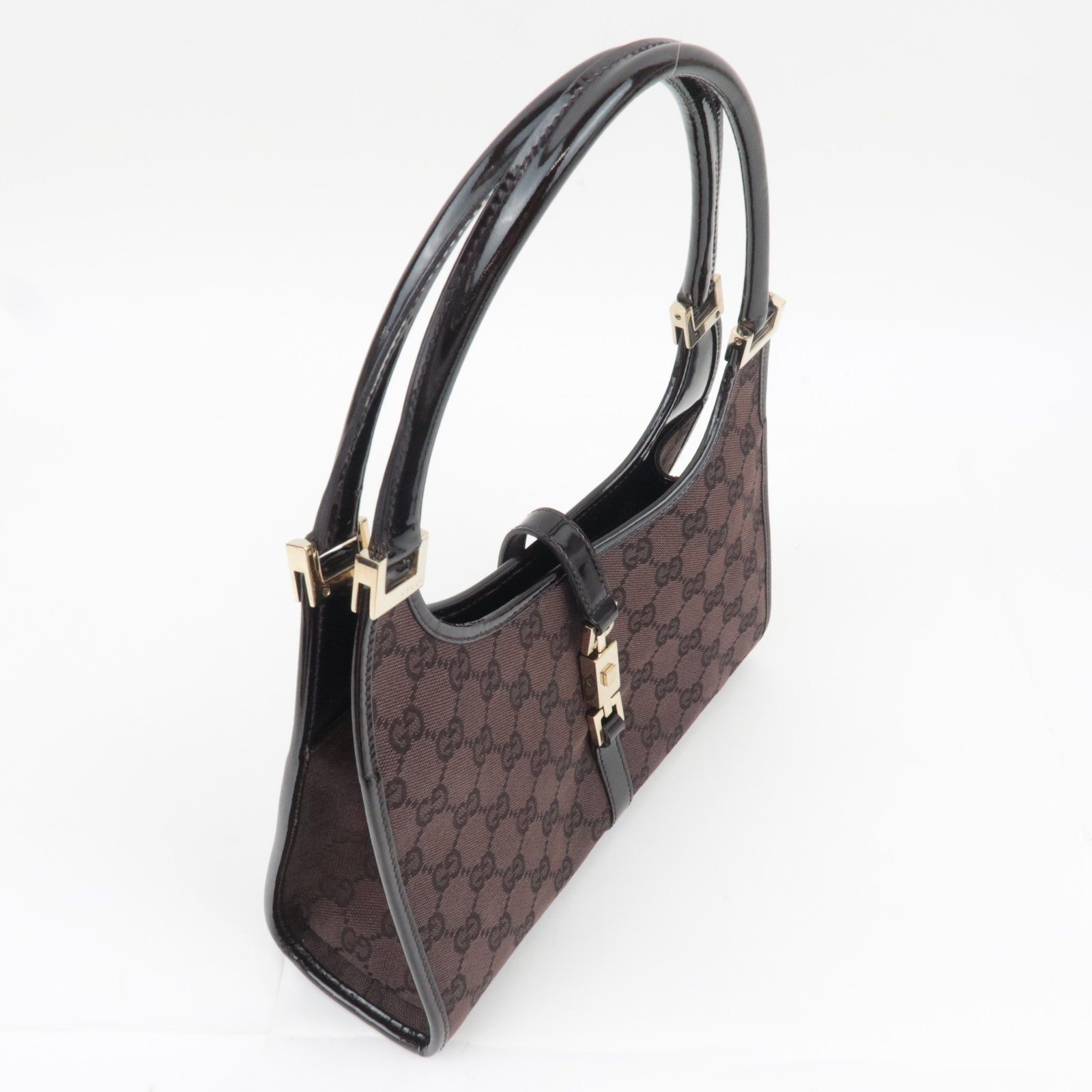 GUCCI Jackie GG Canvas Patent Shoulder Bag Brown 002.1068