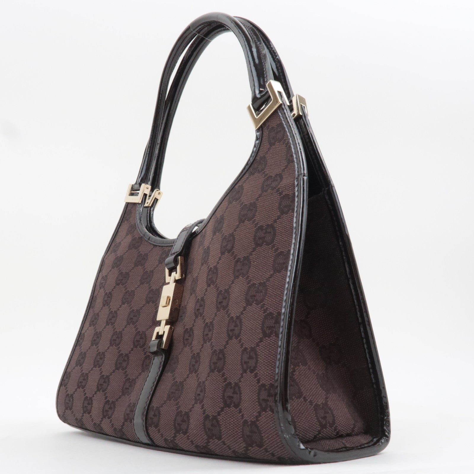 GUCCI Jackie GG Canvas Patent Shoulder Bag Brown 002.1068