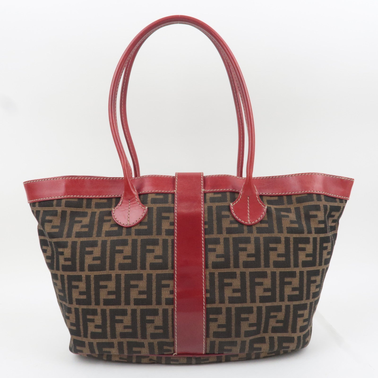 FENDI Zucca Canvas Leather Tote Bag Brown Black Red 8BH046