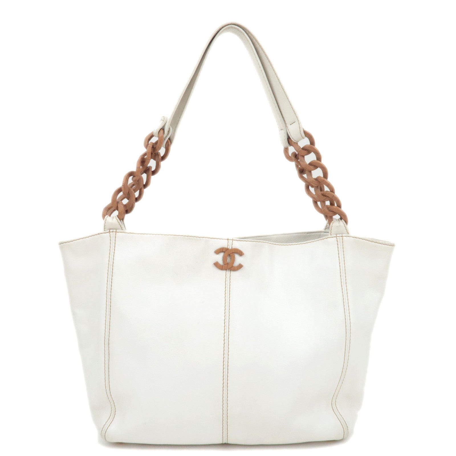 CHANEL Coco Mark Wood Chain Handle Leather Tote Bag White89481