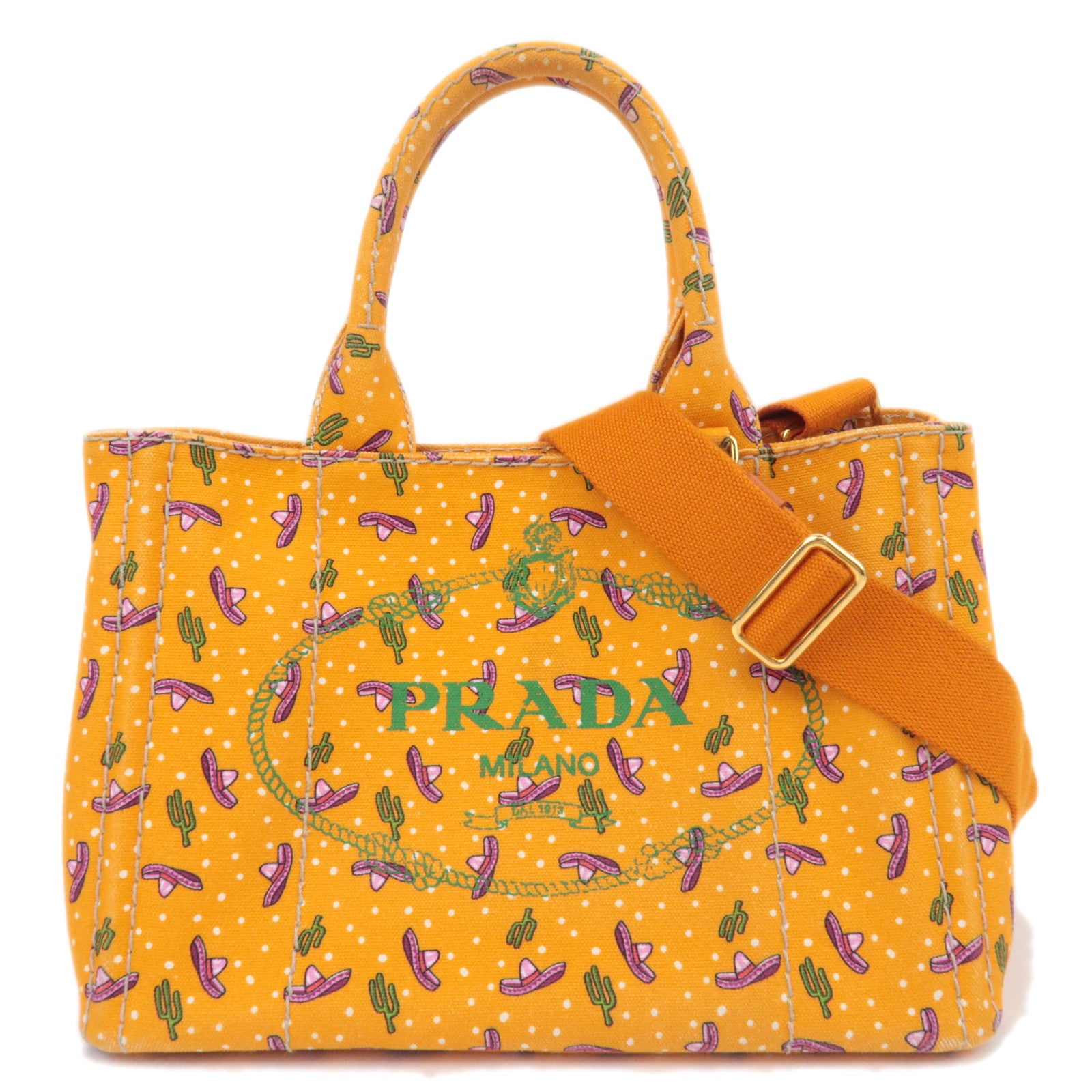 PRADA Canapa Mini Tote Bag Cactus Print Orange 1BG43989484