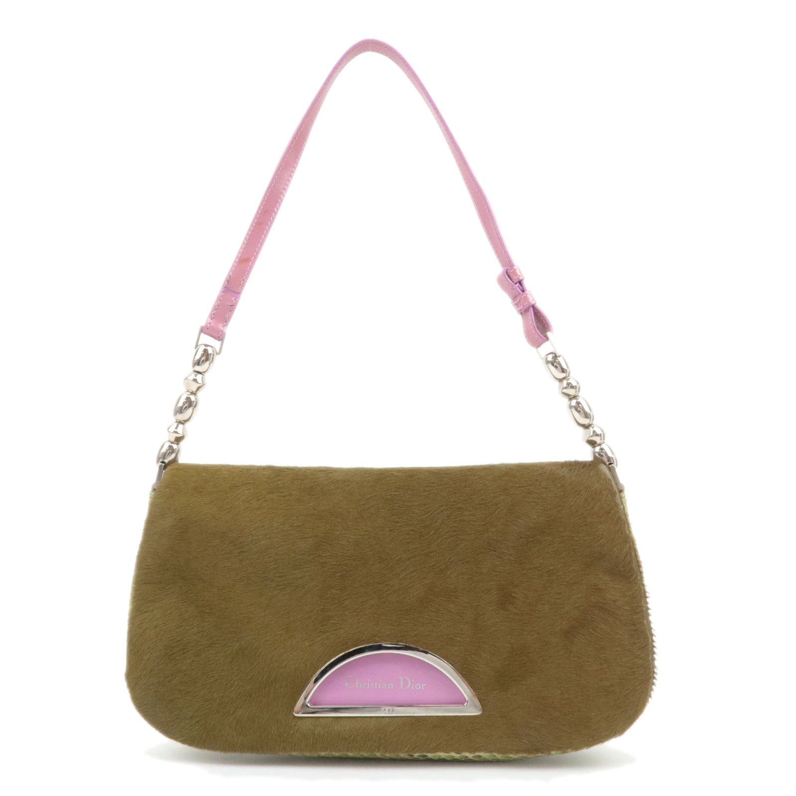 Christian Dior Maris Pearl Calf hair Patent Shoulder Bag Khaki89485