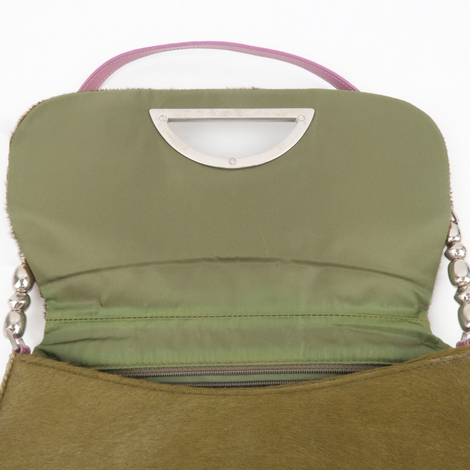 Christian Dior Maris Pearl Calf hair Patent Shoulder Bag Khaki