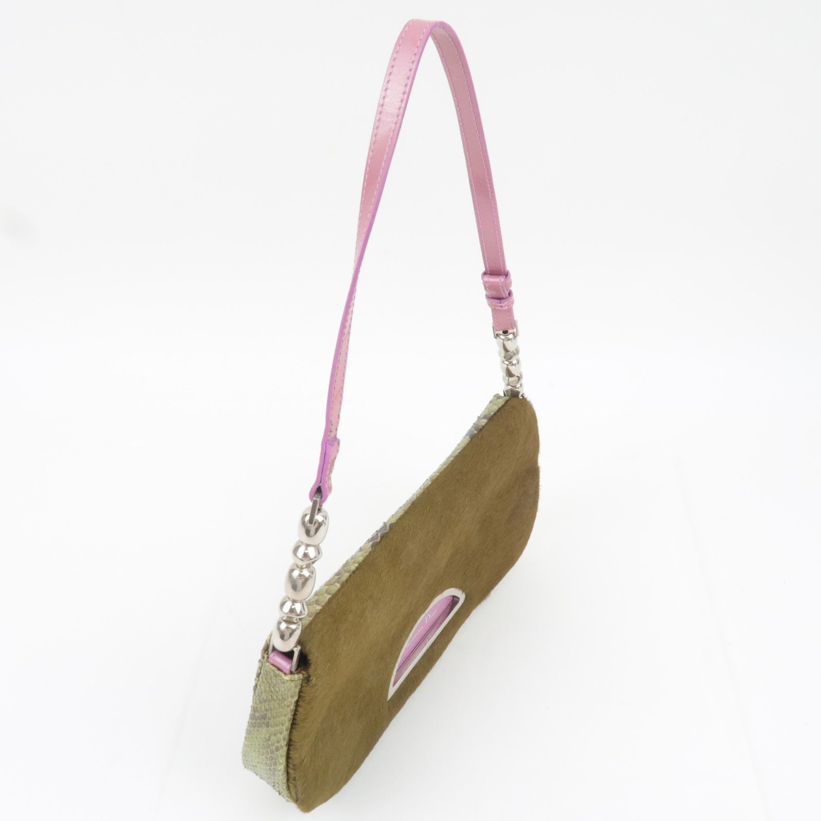 Christian Dior Maris Pearl Calf hair Patent Shoulder Bag Khaki