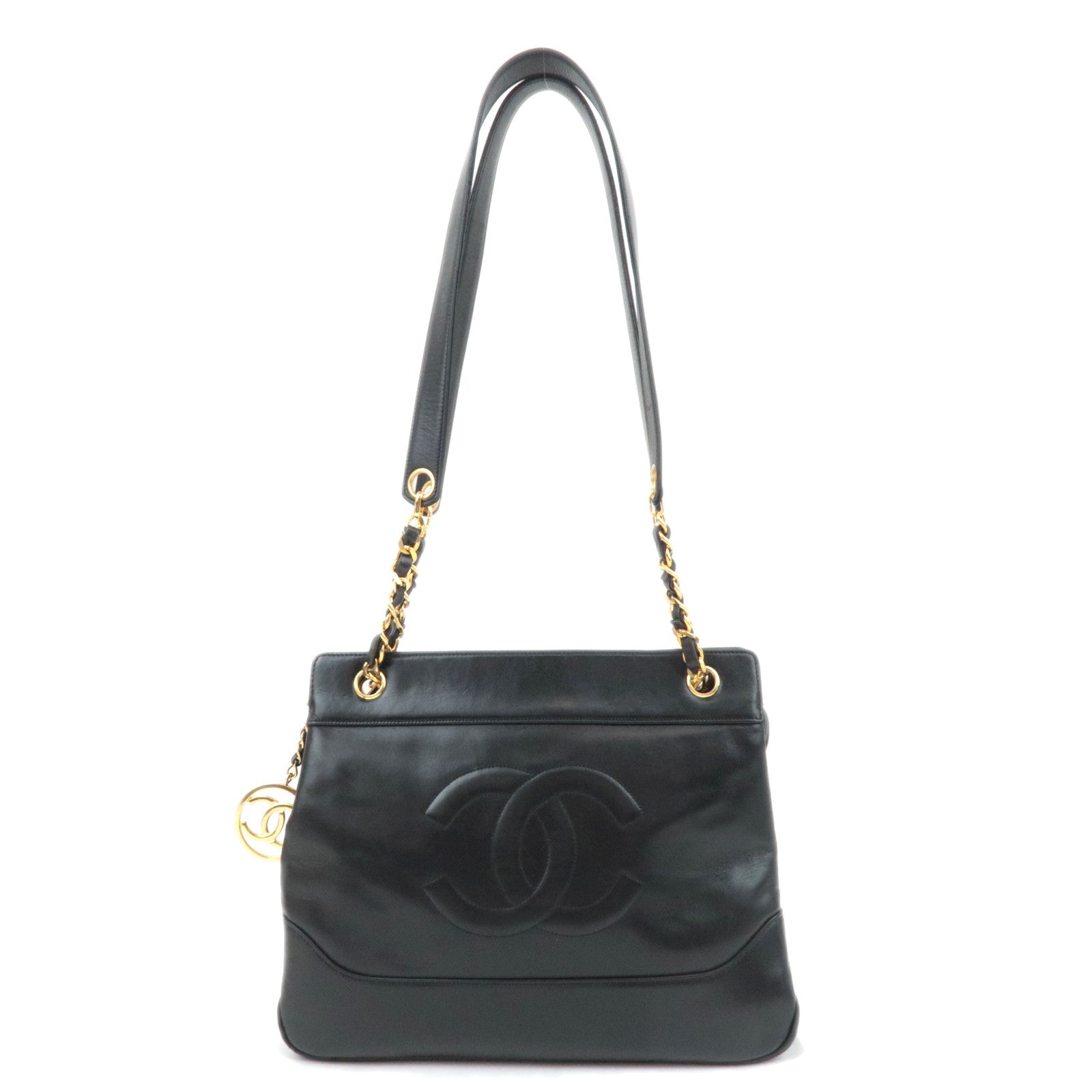 CHANEL Big Coco Mark Chain Tote Bag Lambskin Black Gold HDW89504