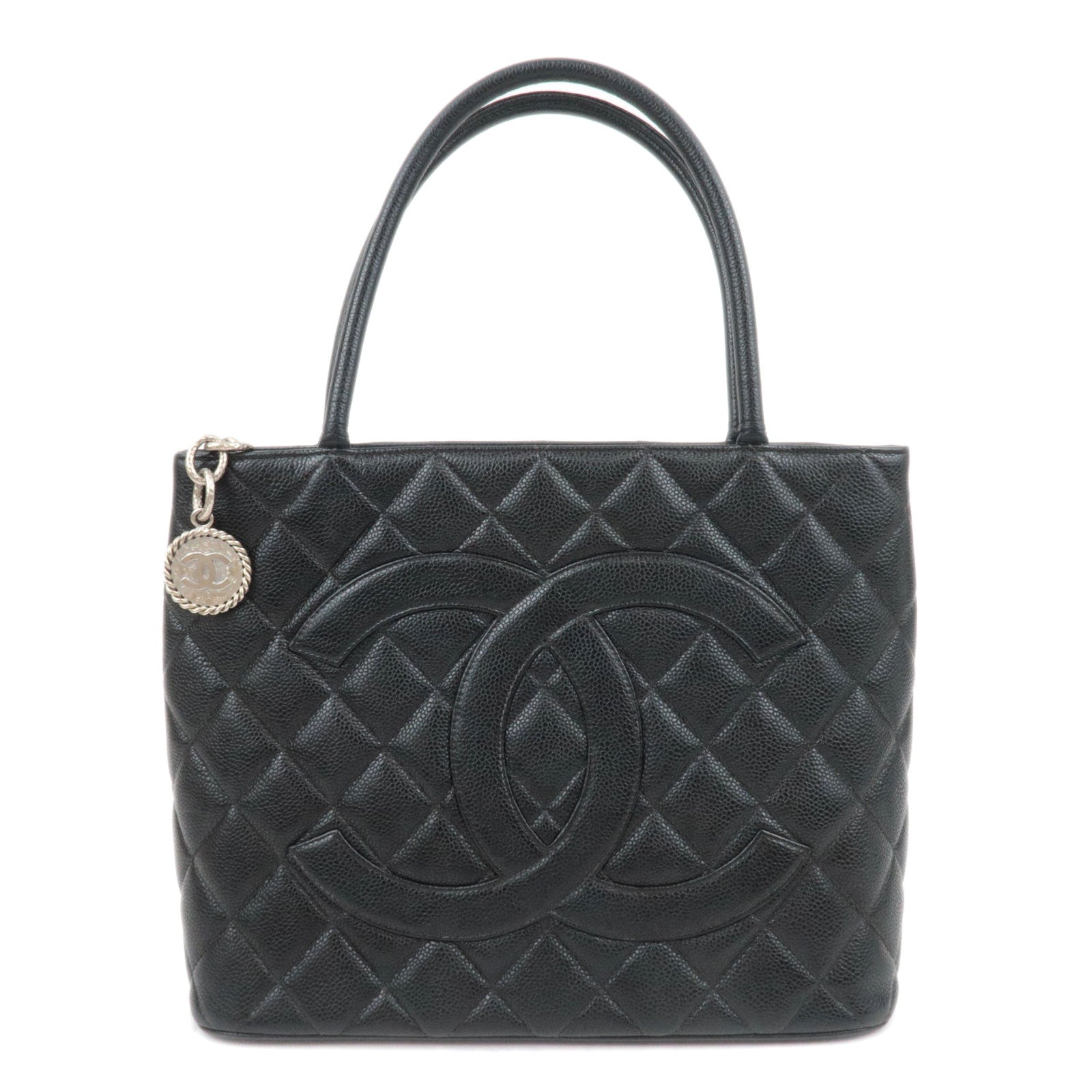 CHANEL Medallion Tote Bag Caviarskin Black Silver HDW A0180489506