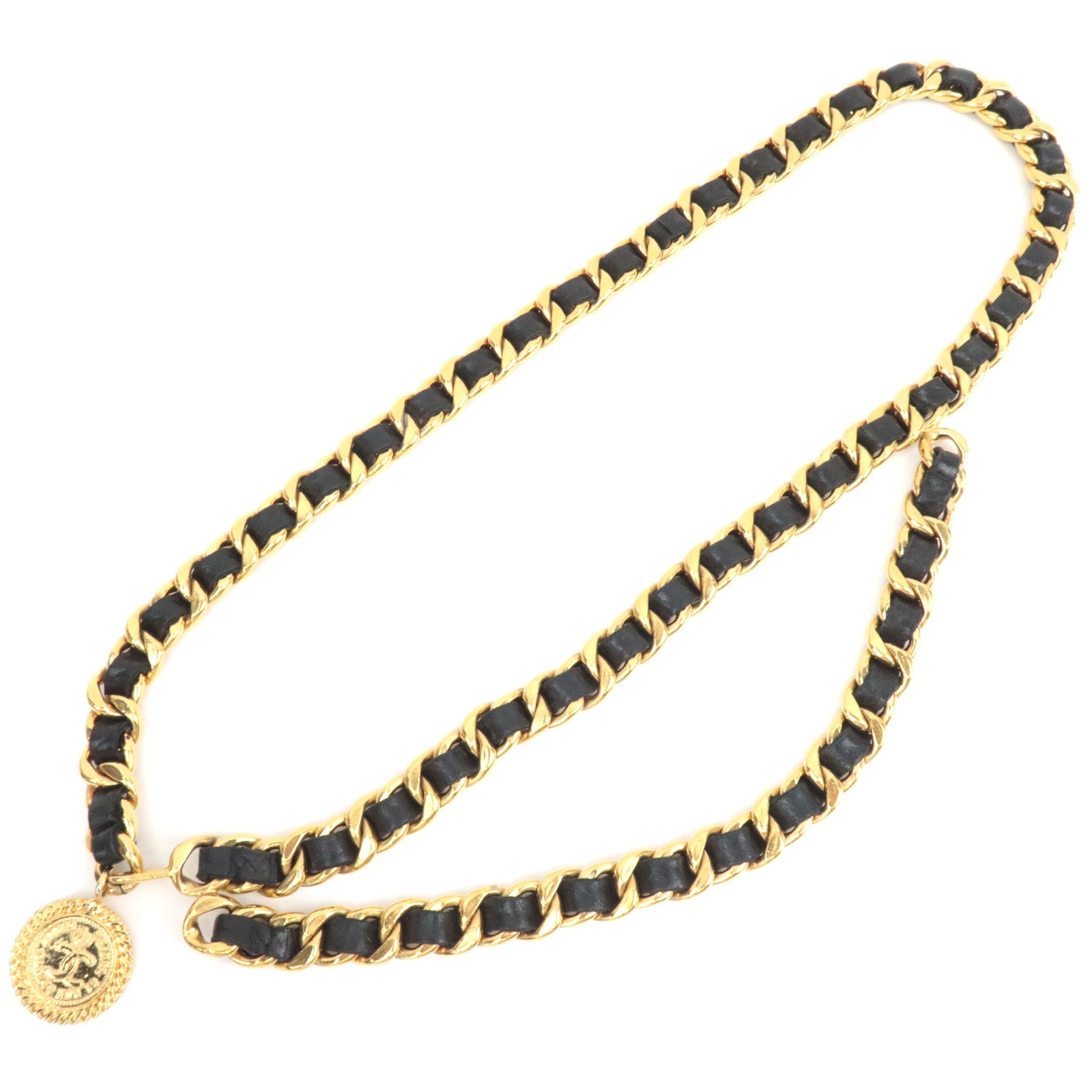 CHANEL Coin Charm Double Leather Chain Belt Waist Around 83cm Gold Black89518