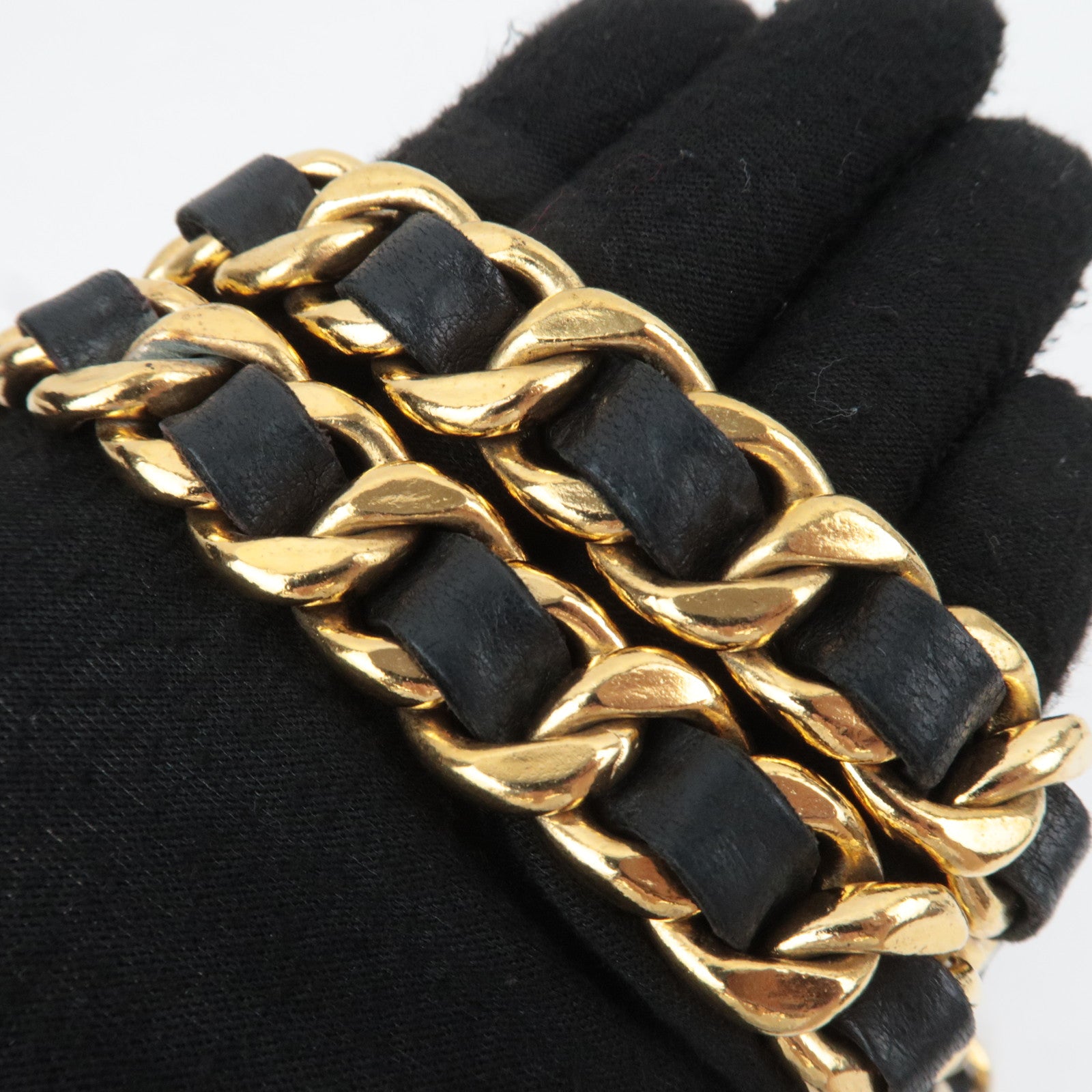CHANEL Coin Charm Double Leather Chain Belt Waist Around 83cm Gold Black