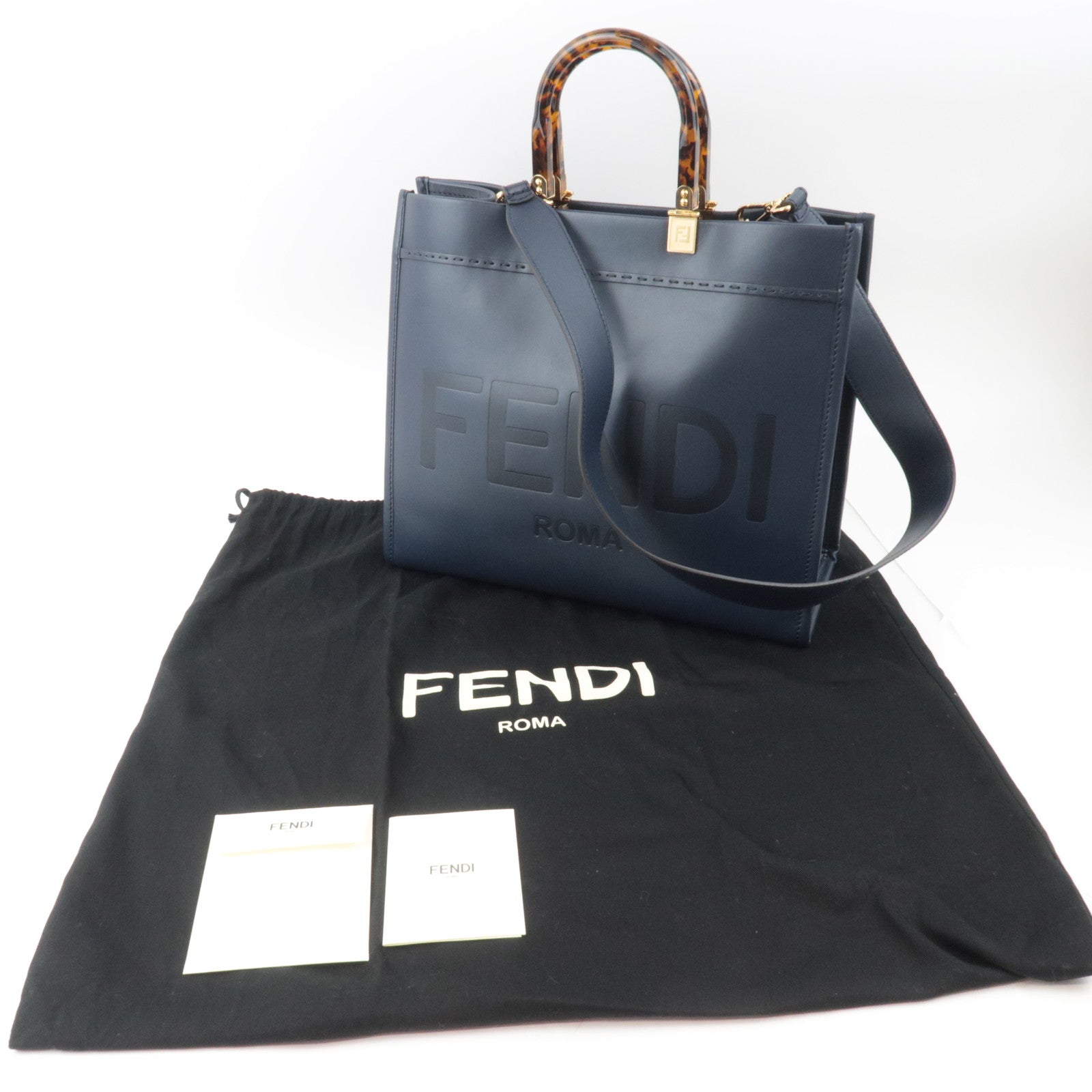 FENDI Sunshine Medium 2Way Leather Tote Bag Dark Navy 8BH386