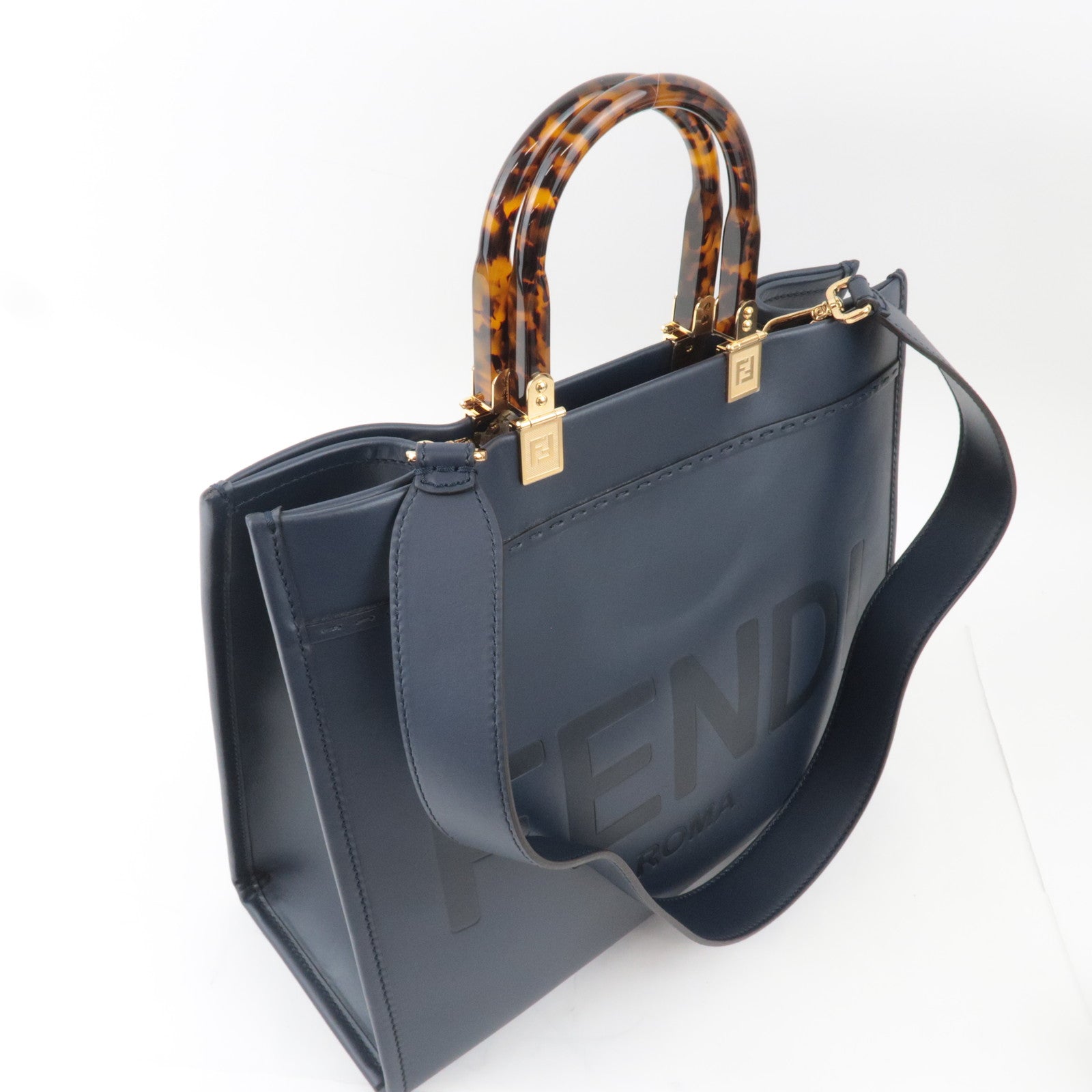 FENDI Sunshine Medium 2Way Leather Tote Bag Dark Navy 8BH386