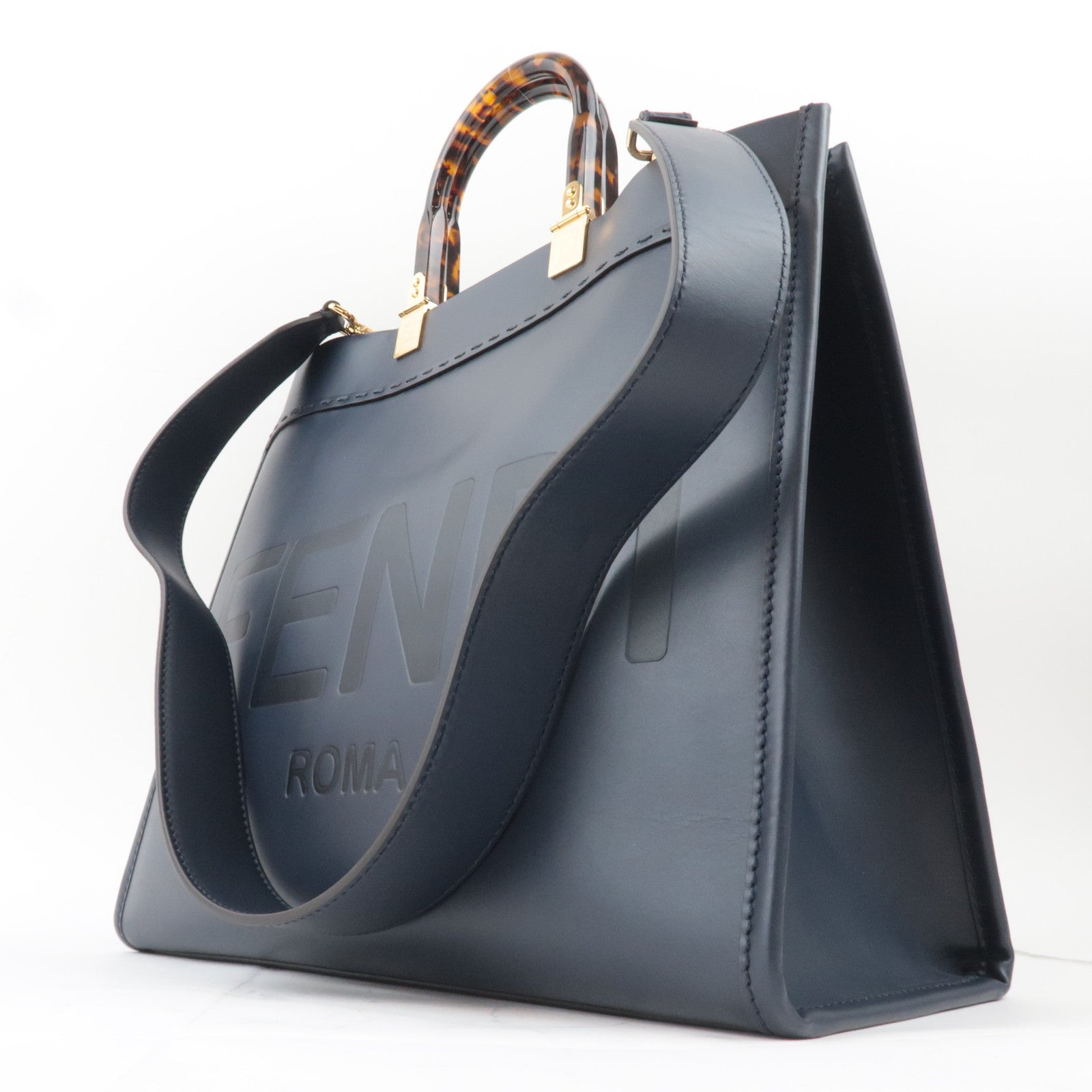 FENDI Sunshine Medium 2Way Leather Tote Bag Dark Navy 8BH386