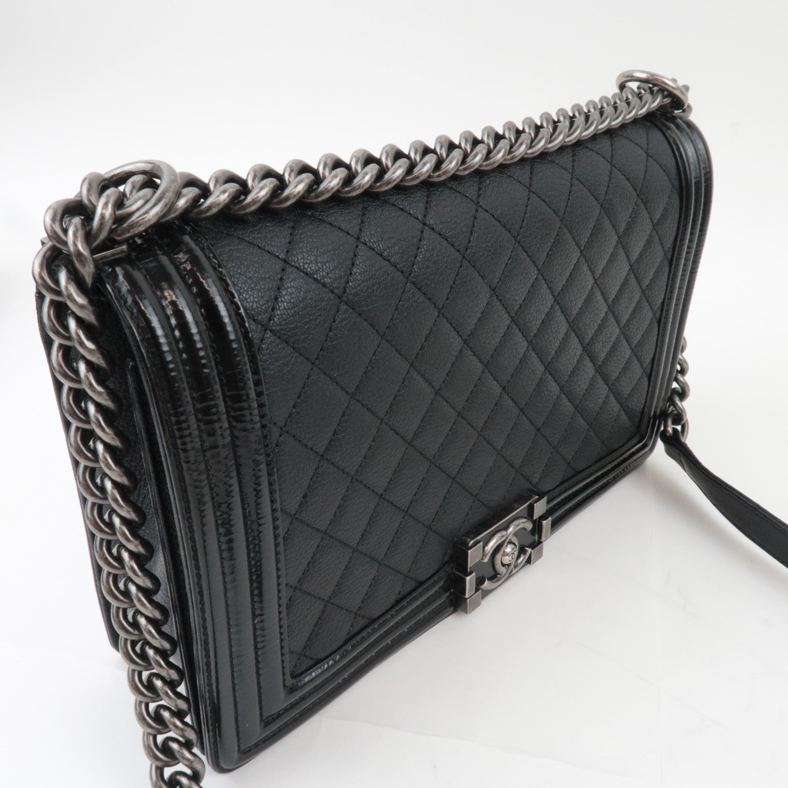 CHANEL Boy Chanel 28 Leather Chain Shoulder Bag Black Vintage Silver HDW
