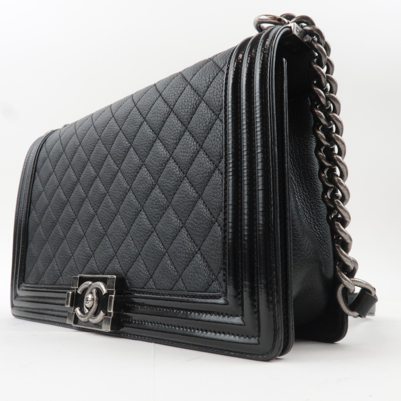 CHANEL Boy Chanel 28 Leather Chain Shoulder Bag Black Vintage Silver HDW