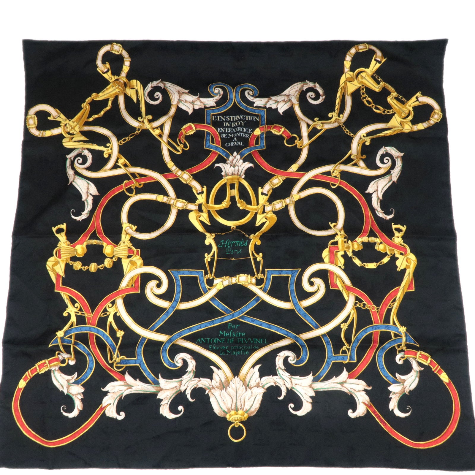 HERMES Carre 90 Scarf L'INSTRVCTION DV ROY 100% Silk Black 89573