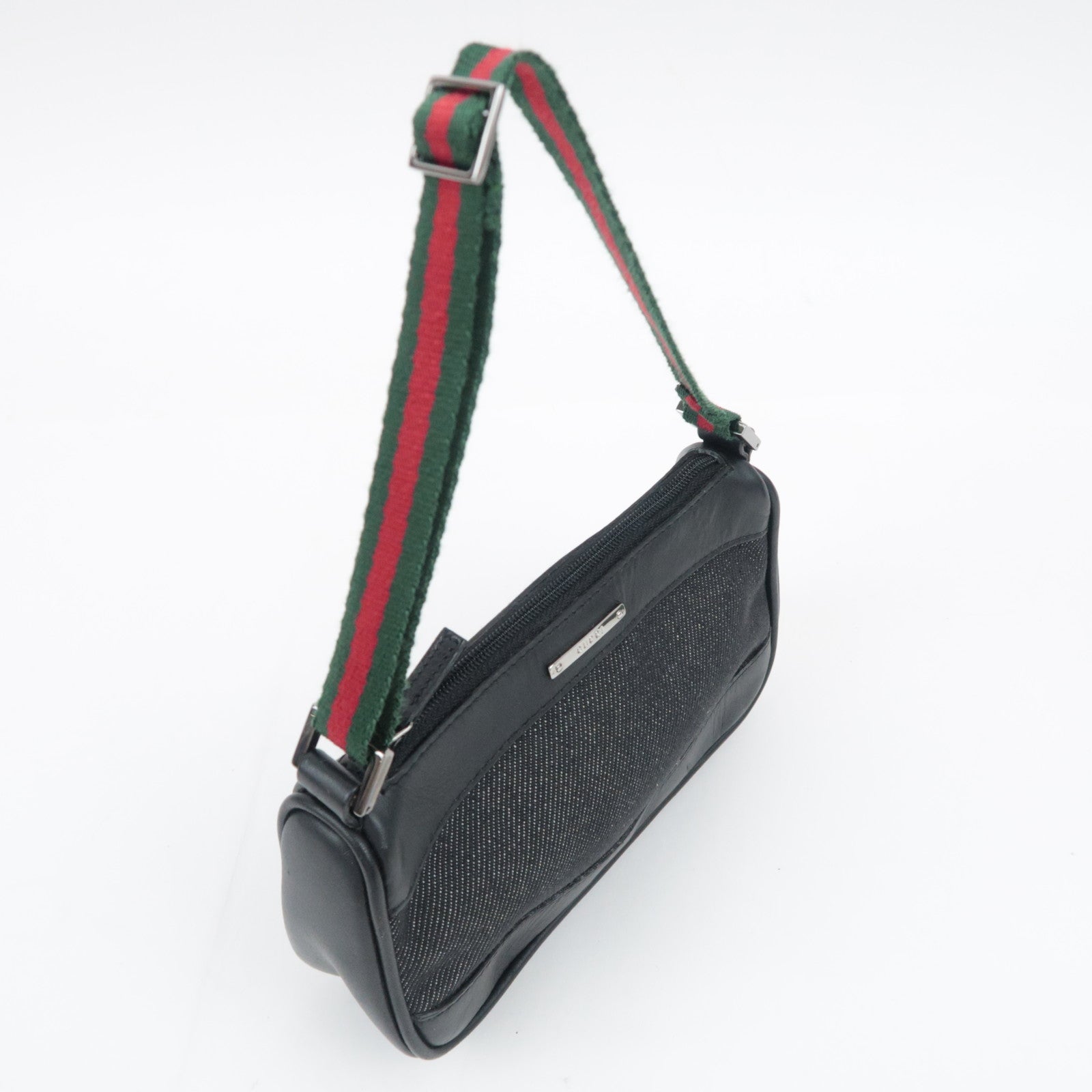 GUCCI Sherry Denim Leather Handbag Black 92821